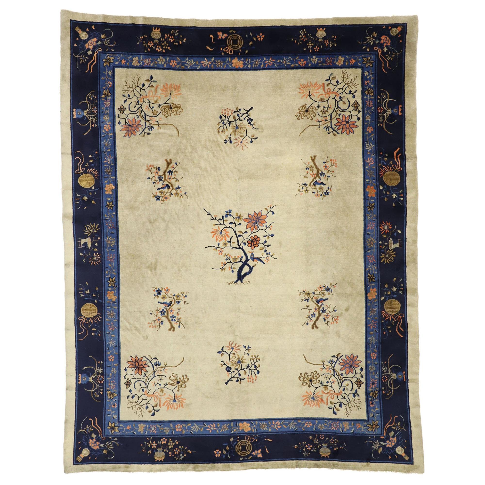 Antique Chinese Peking Rug, Chinoiserie Chic Meets Laid-Back Luxury For Sale