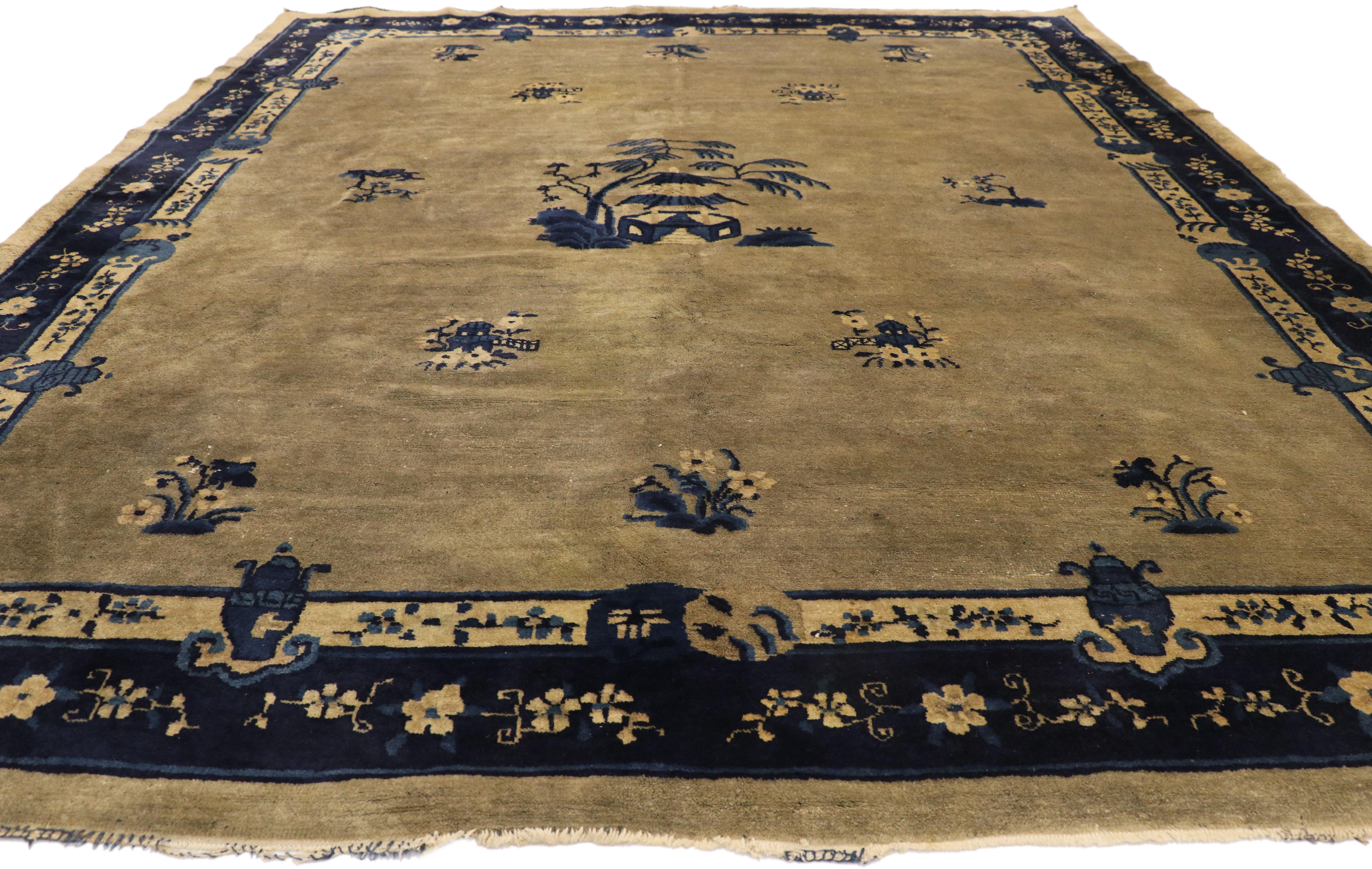 Art Deco Antique Chinese Peking Rug with Chinoiserie Style and Pagoda Design For Sale