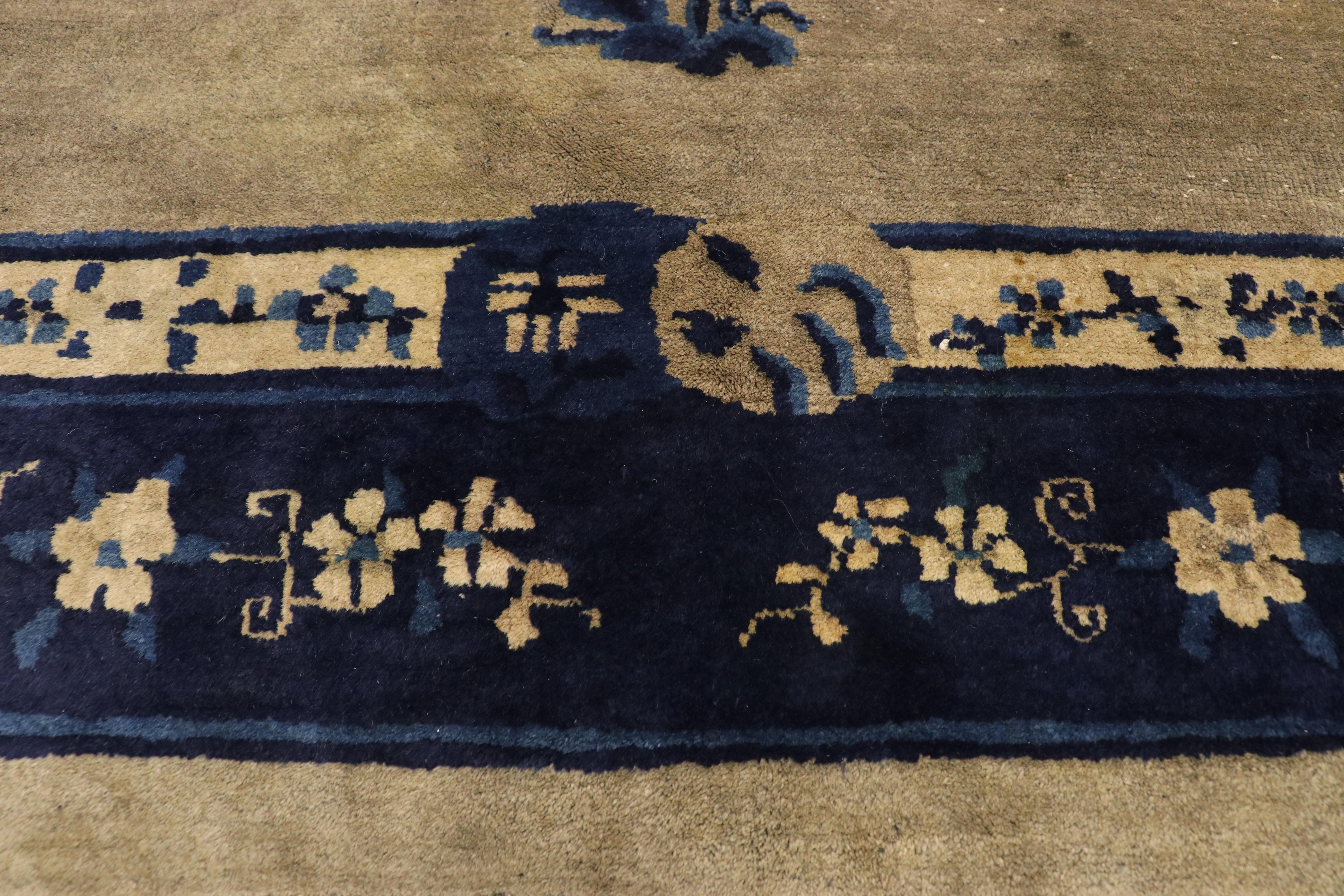 Antique Chinese Peking Rug with Chinoiserie Style and Pagoda Design In Distressed Condition For Sale In Dallas, TX