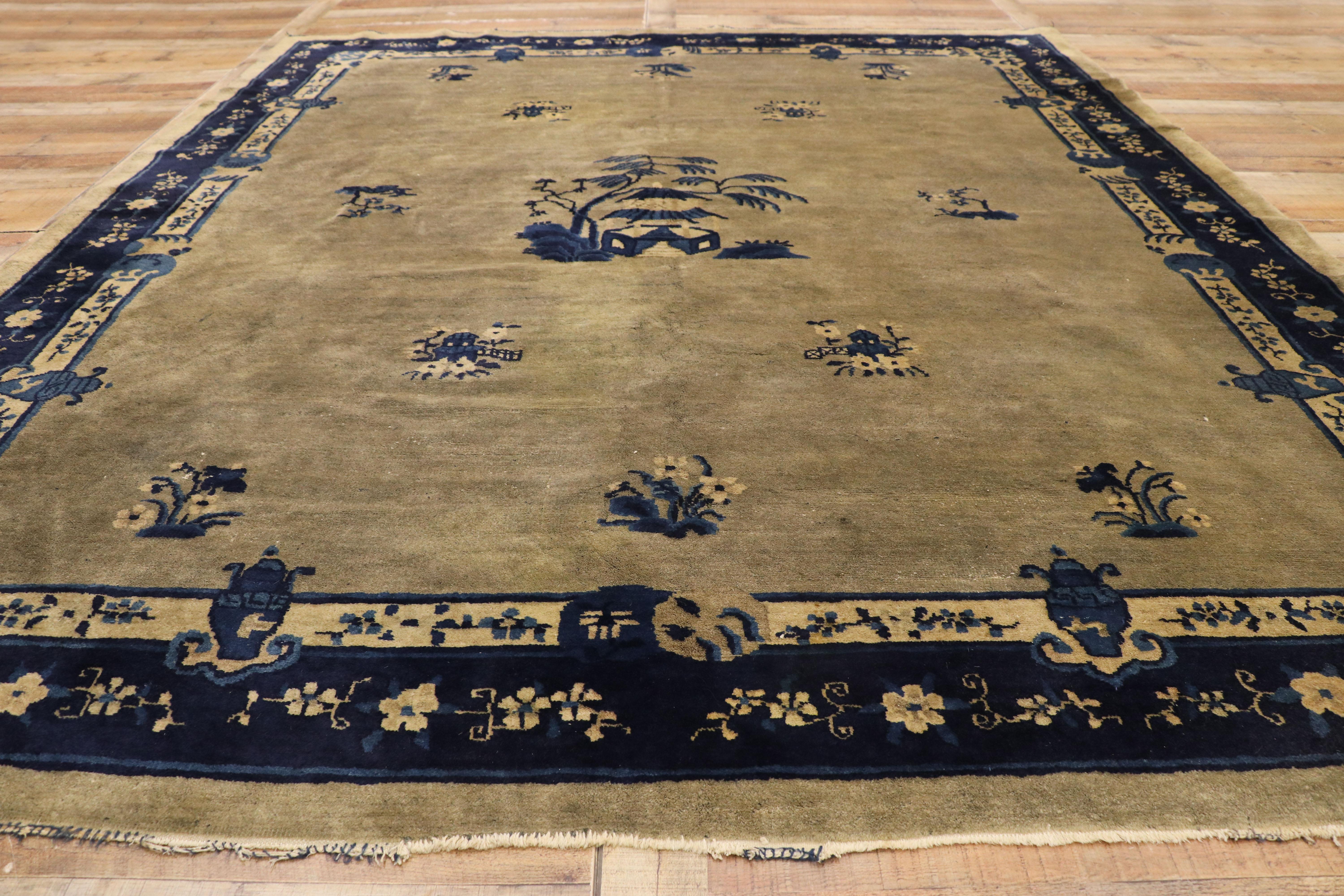 Wool Antique Chinese Peking Rug with Chinoiserie Style and Pagoda Design For Sale
