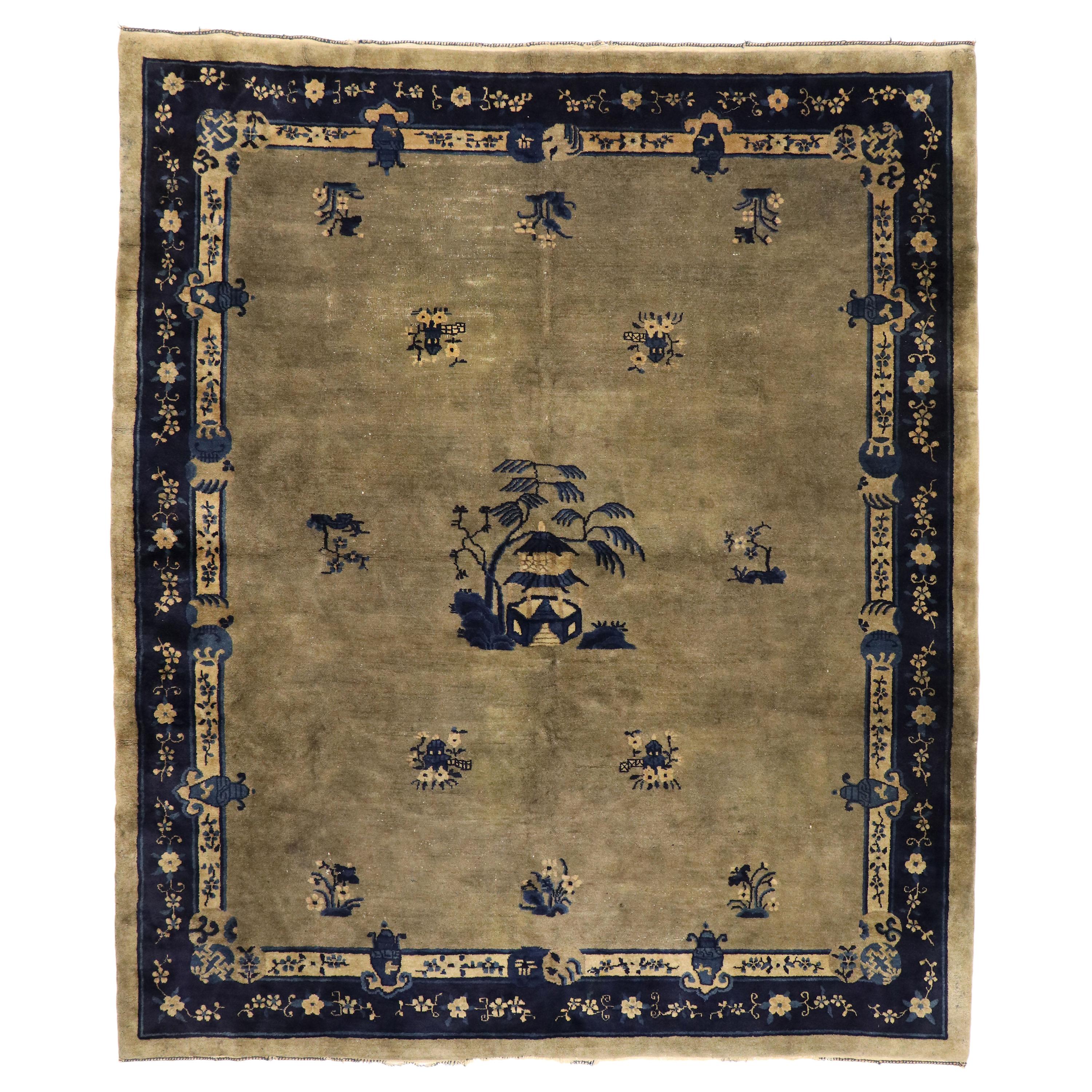 Antique Chinese Peking Rug with Chinoiserie Style and Pagoda Design For Sale