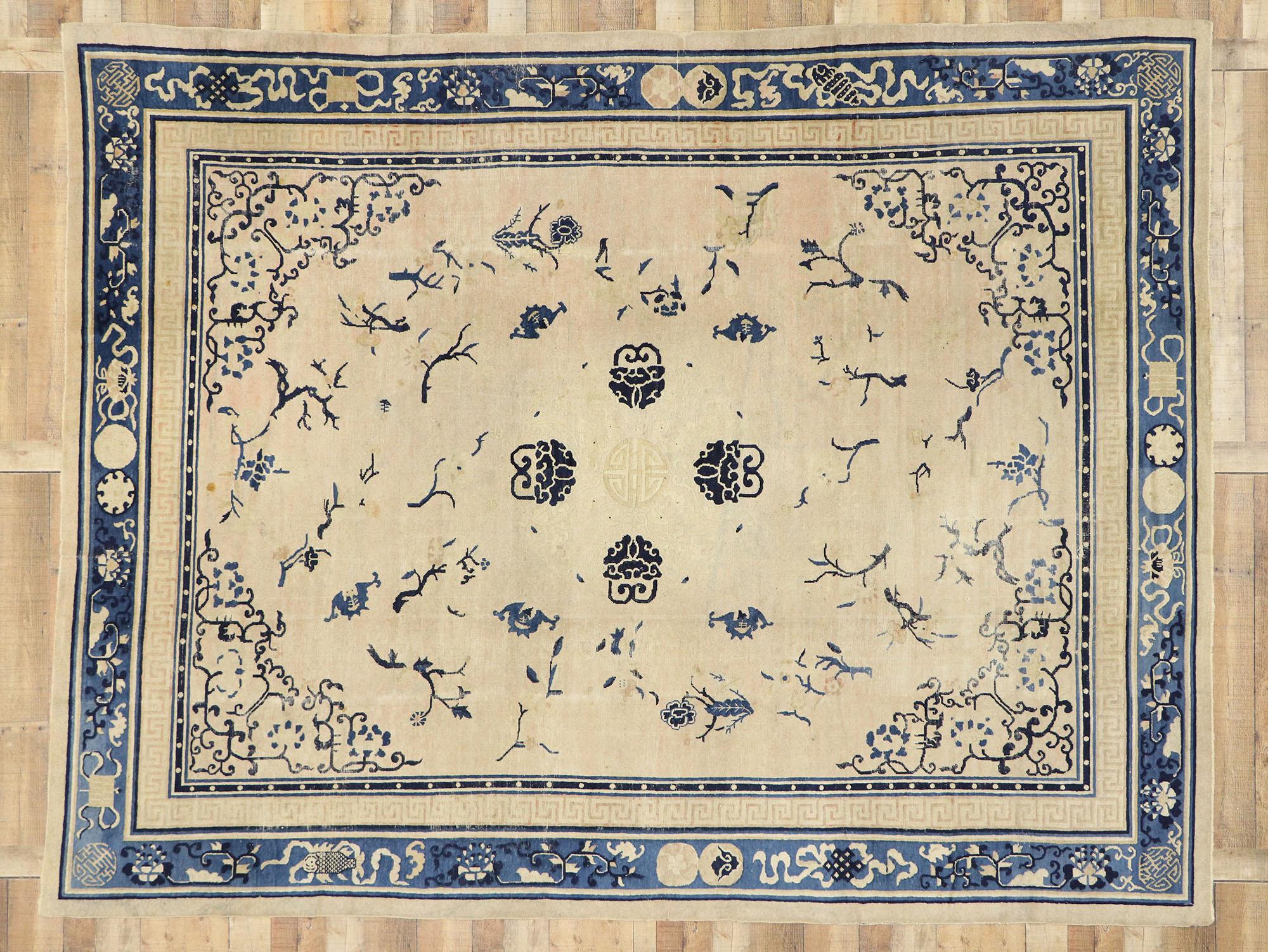 Wool Antique Chinese Peking Rug with Chinoiserie Style For Sale