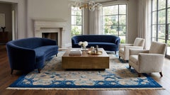 Antique Chinese Peking Rug with Pagodas and Peacocks in Indigo and Taupe