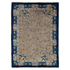 Antique Chinese Peking Rug with Pagodas and Peacocks in Indigo and Taupe