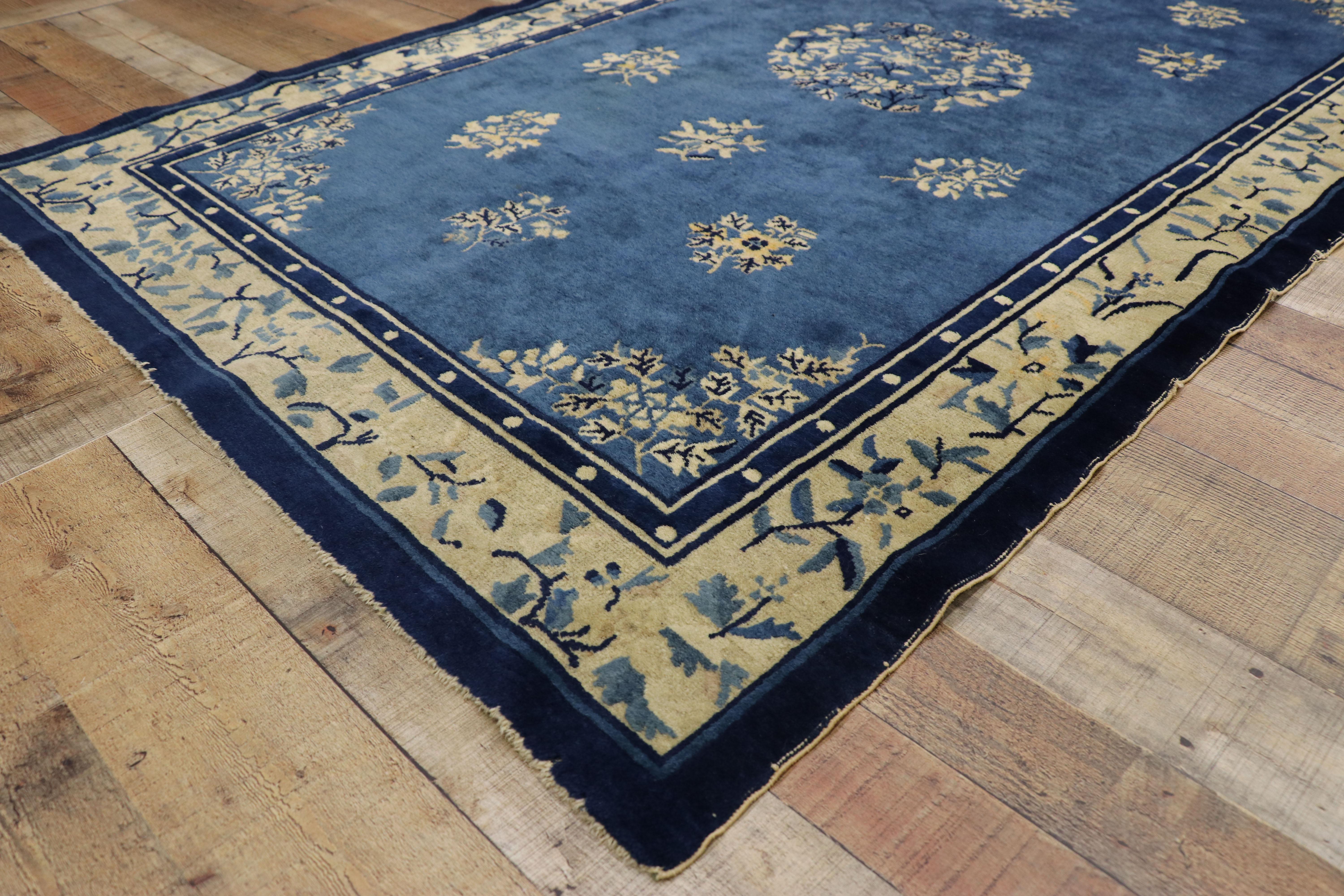 Wool Antique Chinese Peking Rug with Romantic Chinoiserie Chic Style For Sale