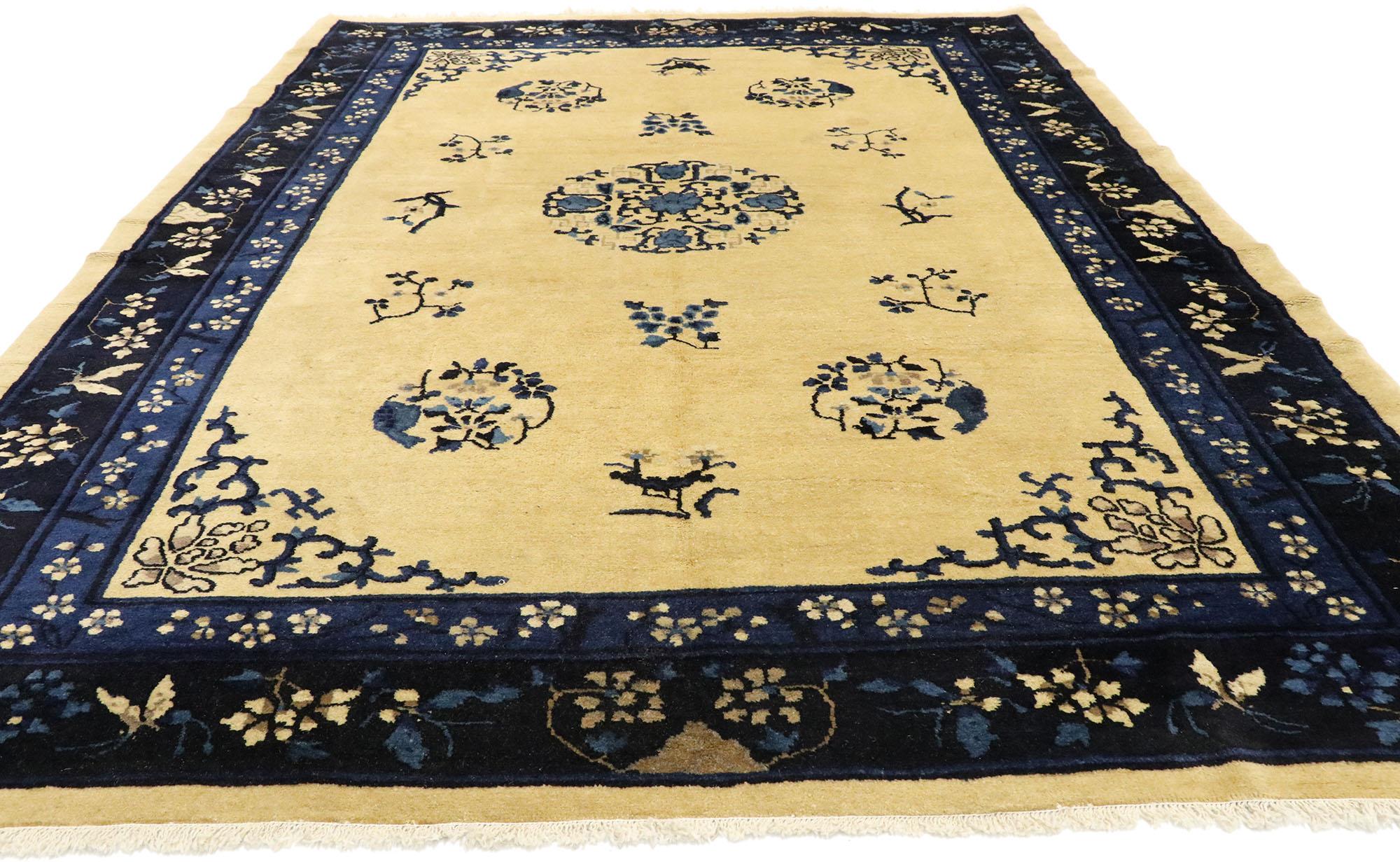 Hand-Knotted Antique Chinese Peking Rug with Romantic Chinoiserie Style For Sale