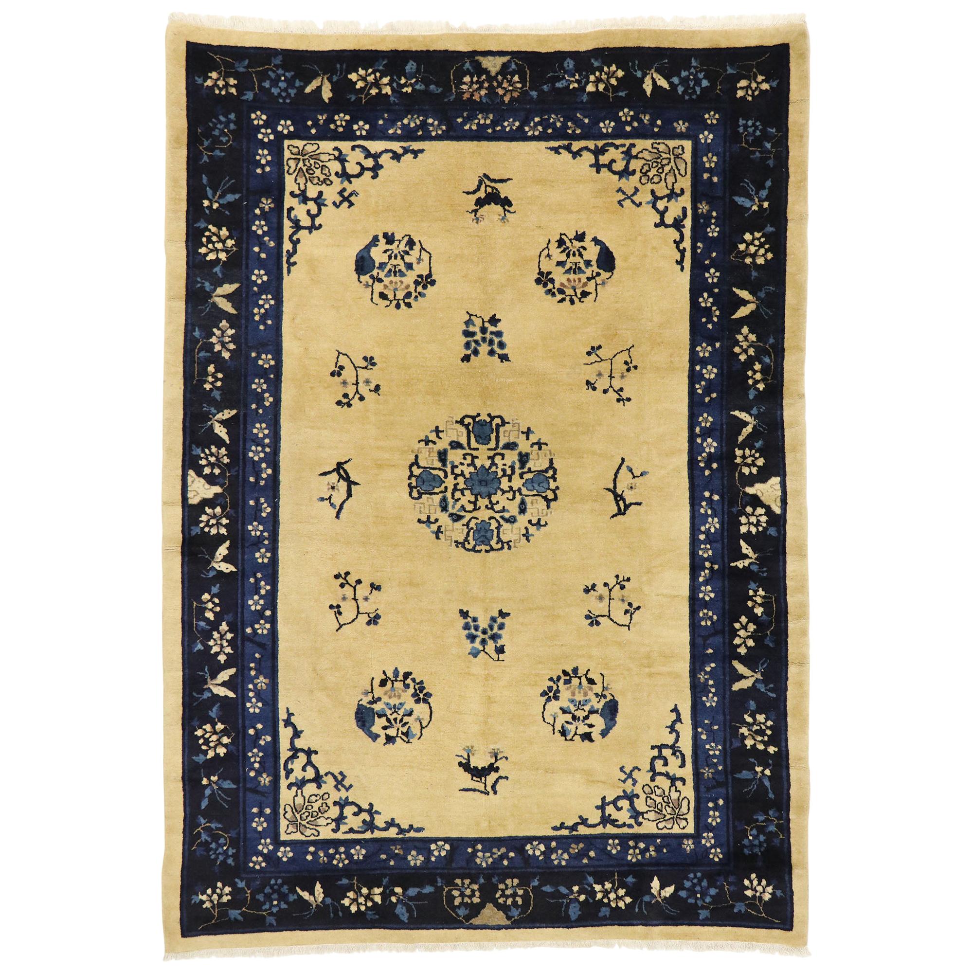 Antique Chinese Peking Rug with Romantic Chinoiserie Style For Sale