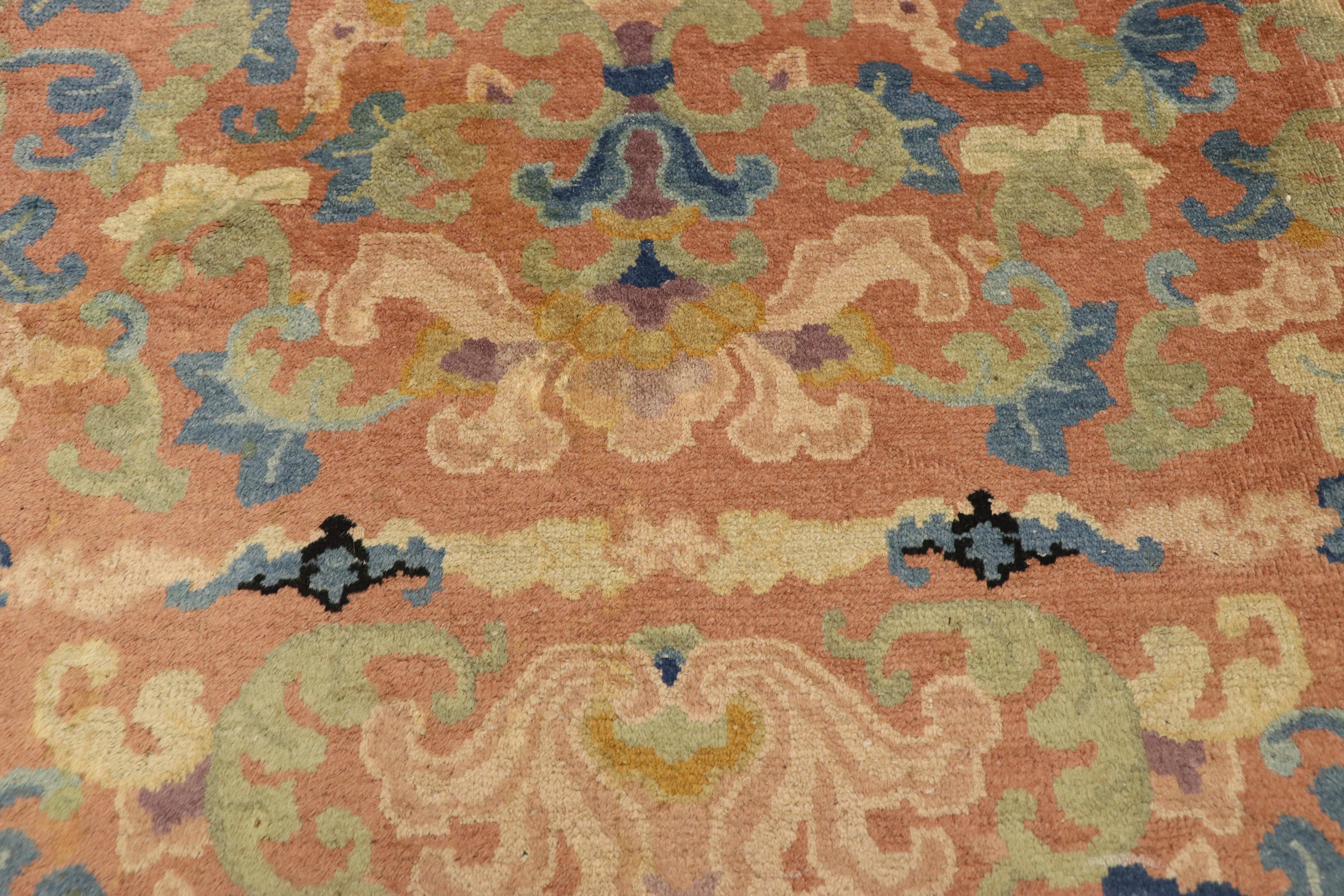 Antique Chinese Peking Rug with Romantic French Country Style In Distressed Condition In Dallas, TX