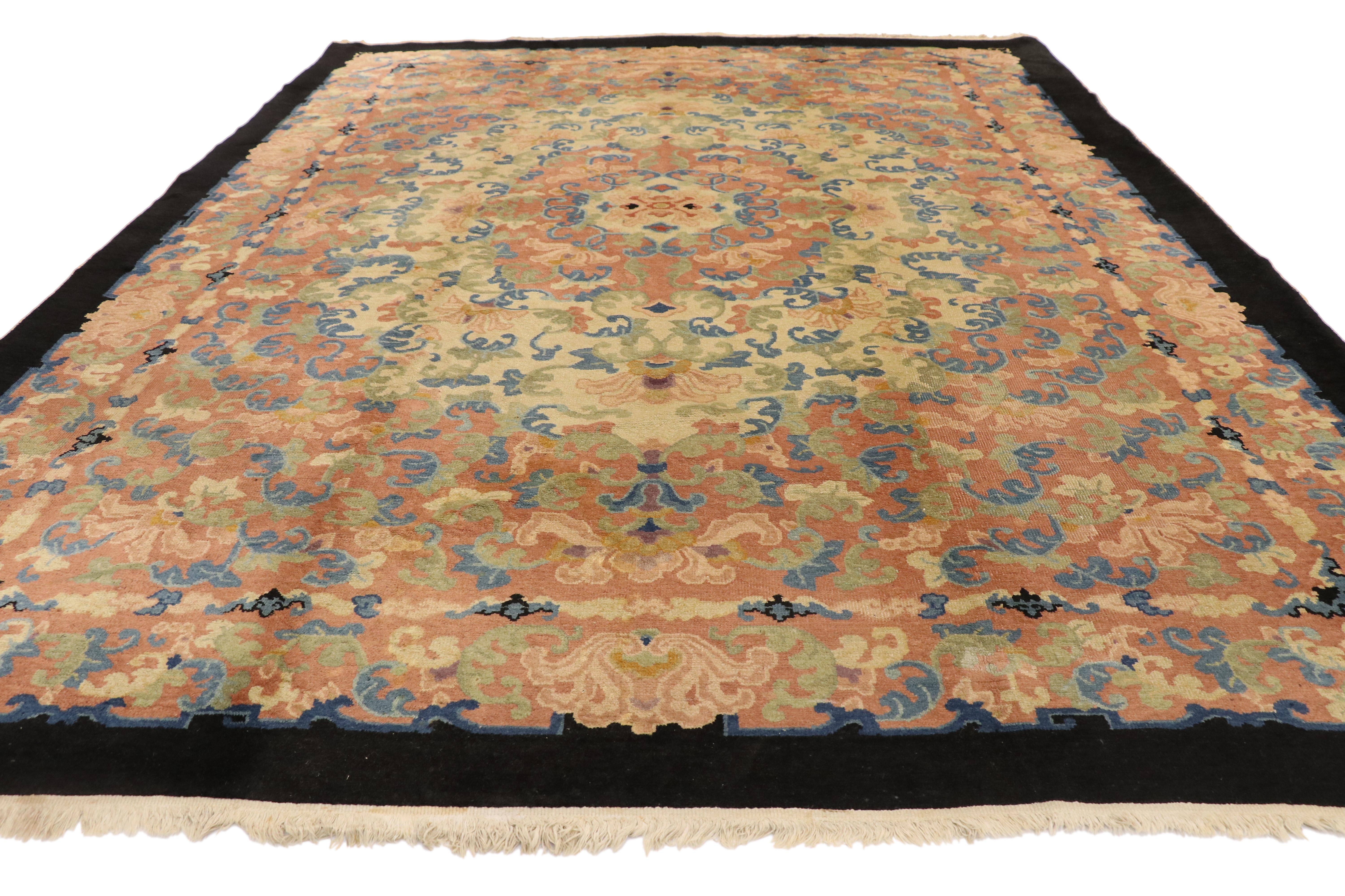 Hand-Knotted Antique Chinese Peking Rug with Romantic French Country Style