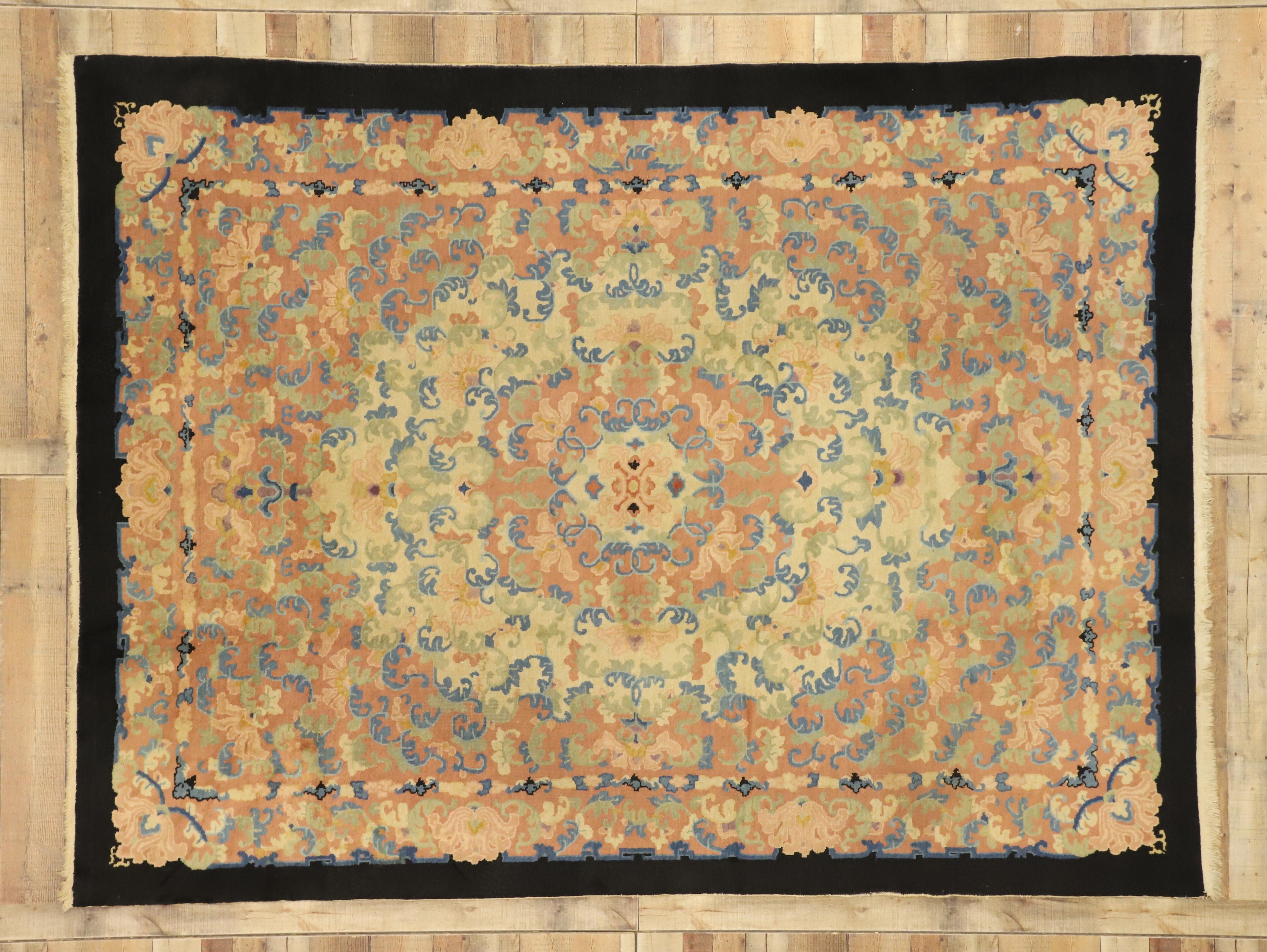 Antique Chinese Peking Rug with Romantic French Country Style 2