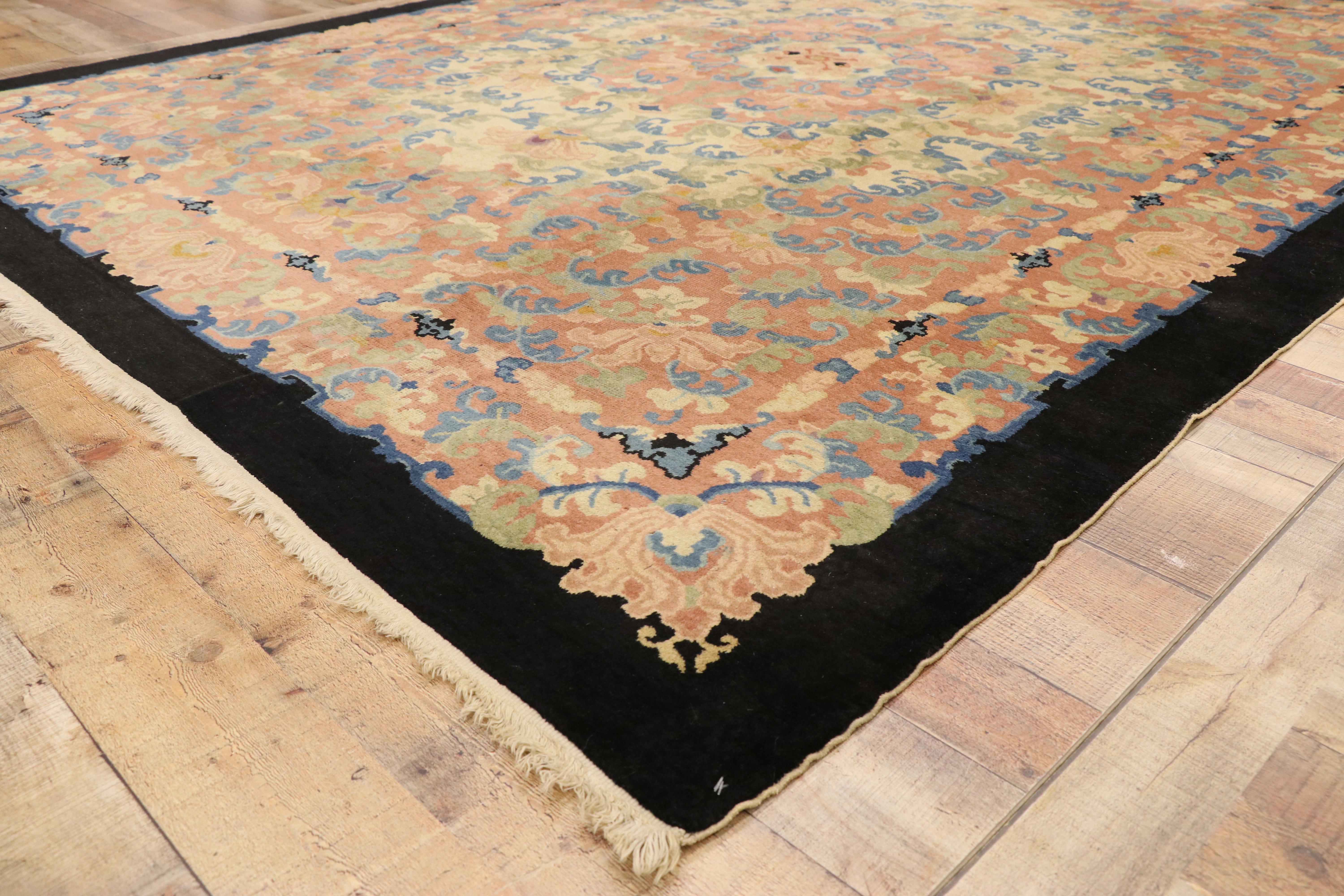 Wool Antique Chinese Peking Rug with Romantic French Country Style