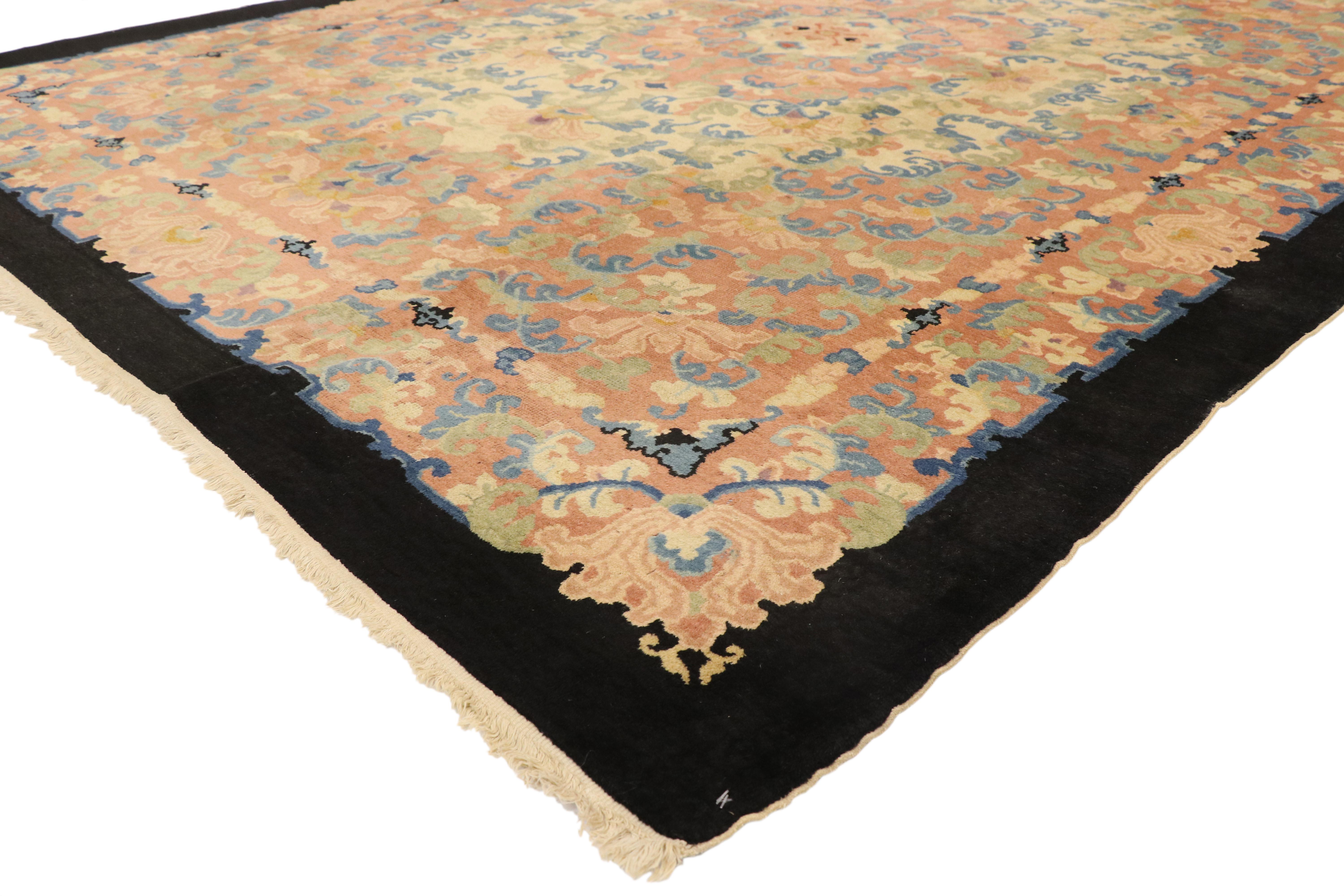 French Provincial Antique Chinese Peking Rug with Romantic French Country Style