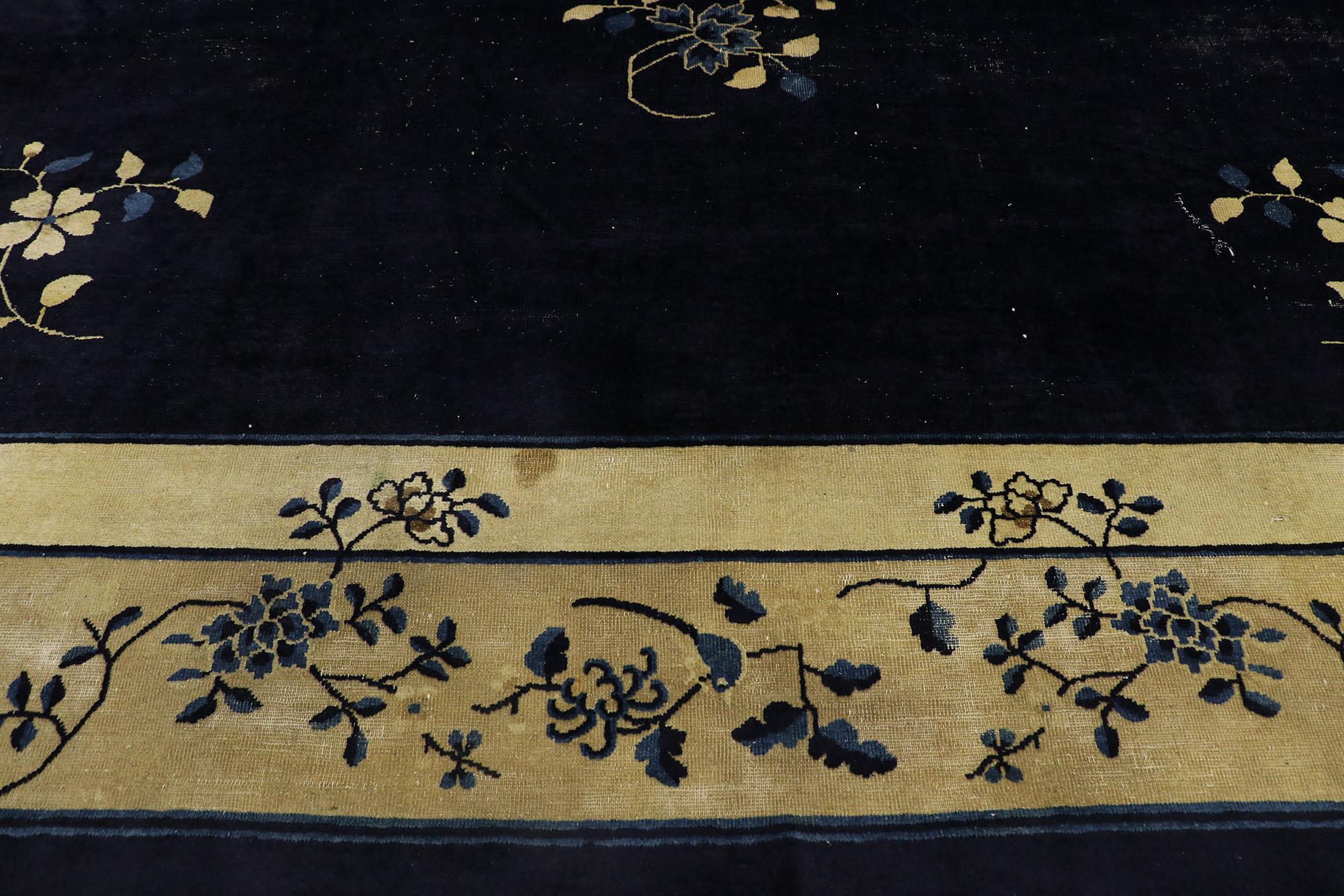 Antique Chinese Peking Rug with Rustic Chinoiserie Style In Distressed Condition For Sale In Dallas, TX