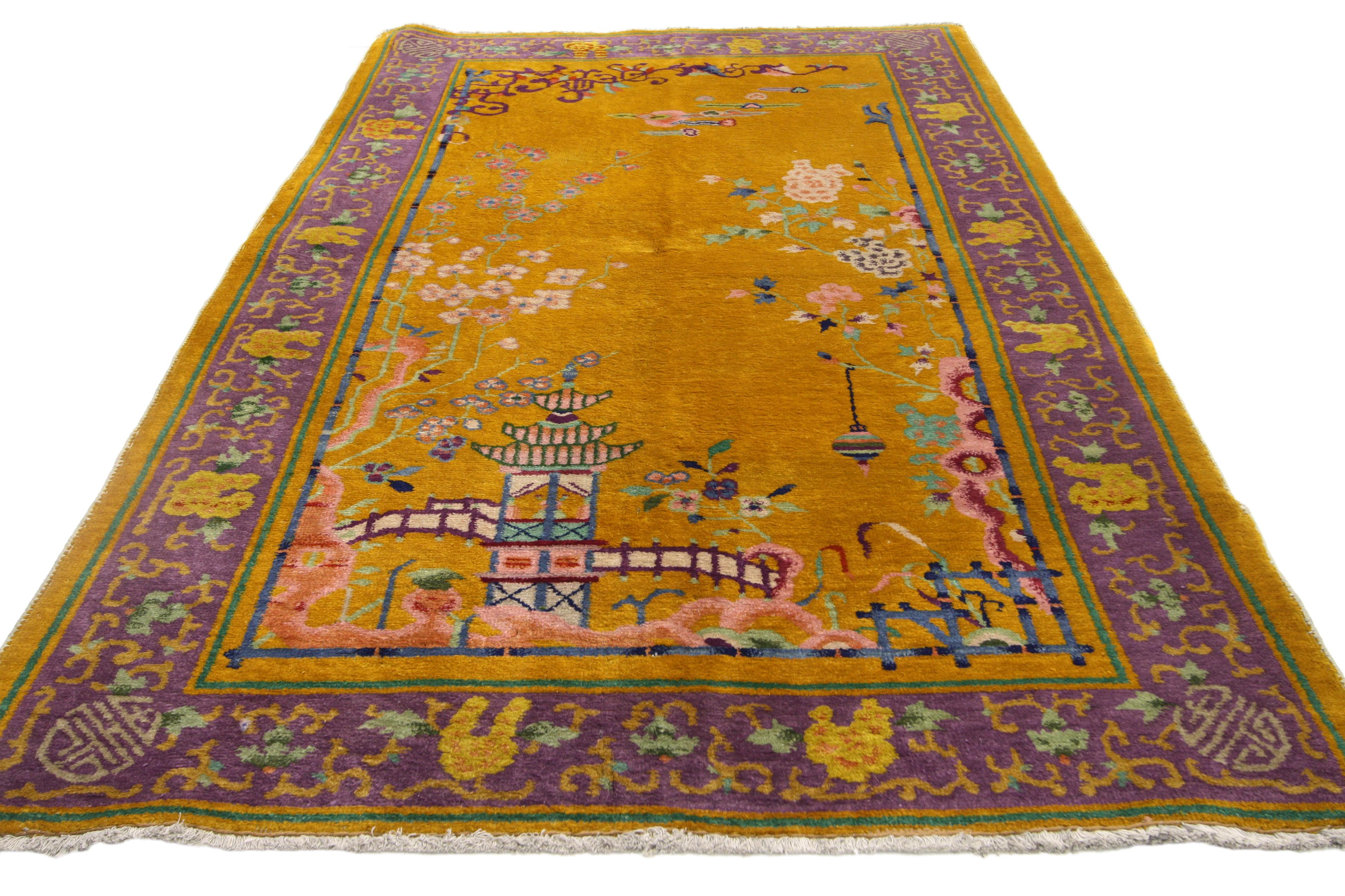 Antique Chinese Peking Rug with with Pagoda and Chinese Art Deco Style In Good Condition In Dallas, TX