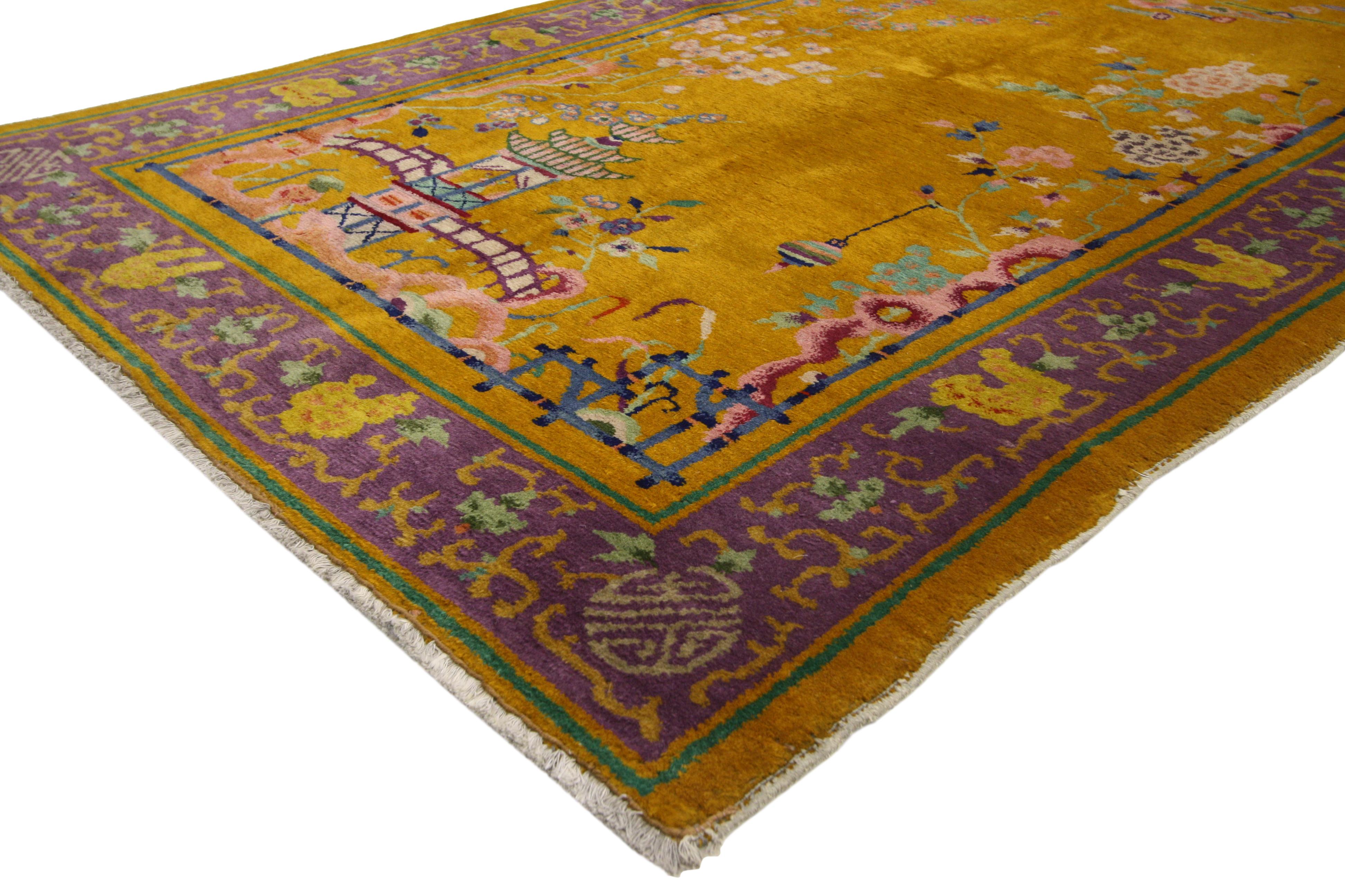 Wool Antique Chinese Peking Rug with with Pagoda and Chinese Art Deco Style