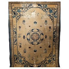 Antique Chinese Peking Rug, Wool on Cotton, Lion Dogs, 19th Century