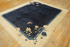 1920s Blue Field Floral Antique Chinese Peking Rug Wool-Silk 7'10''x9'6'' Carpet