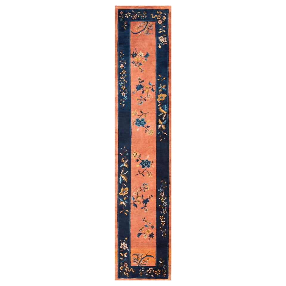 Antique Peking Brown Handmade Chinese Floral Wool Runner Rug For Sale ...