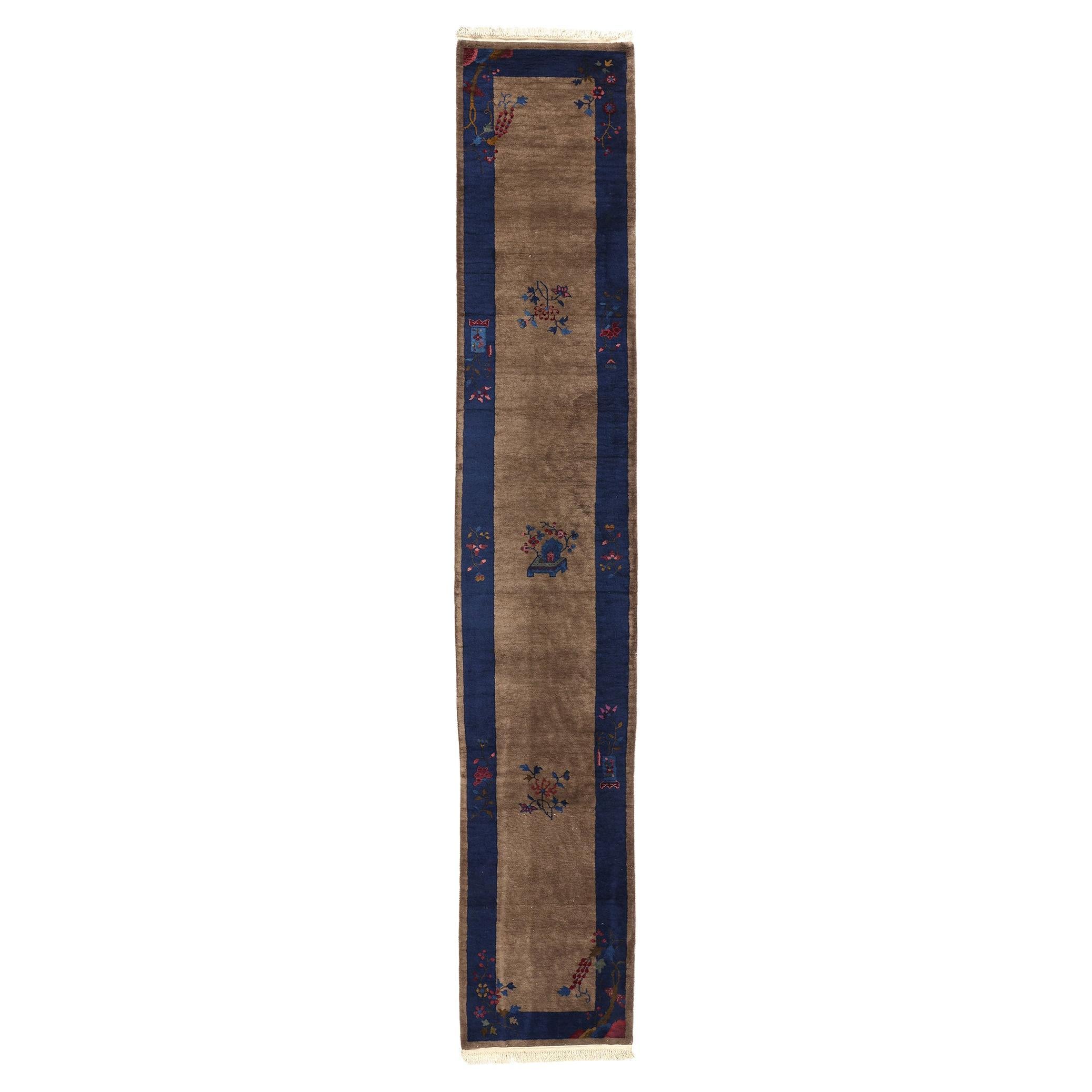 Antique Brown and Blue Chinese Peking Rug Carpet Runner