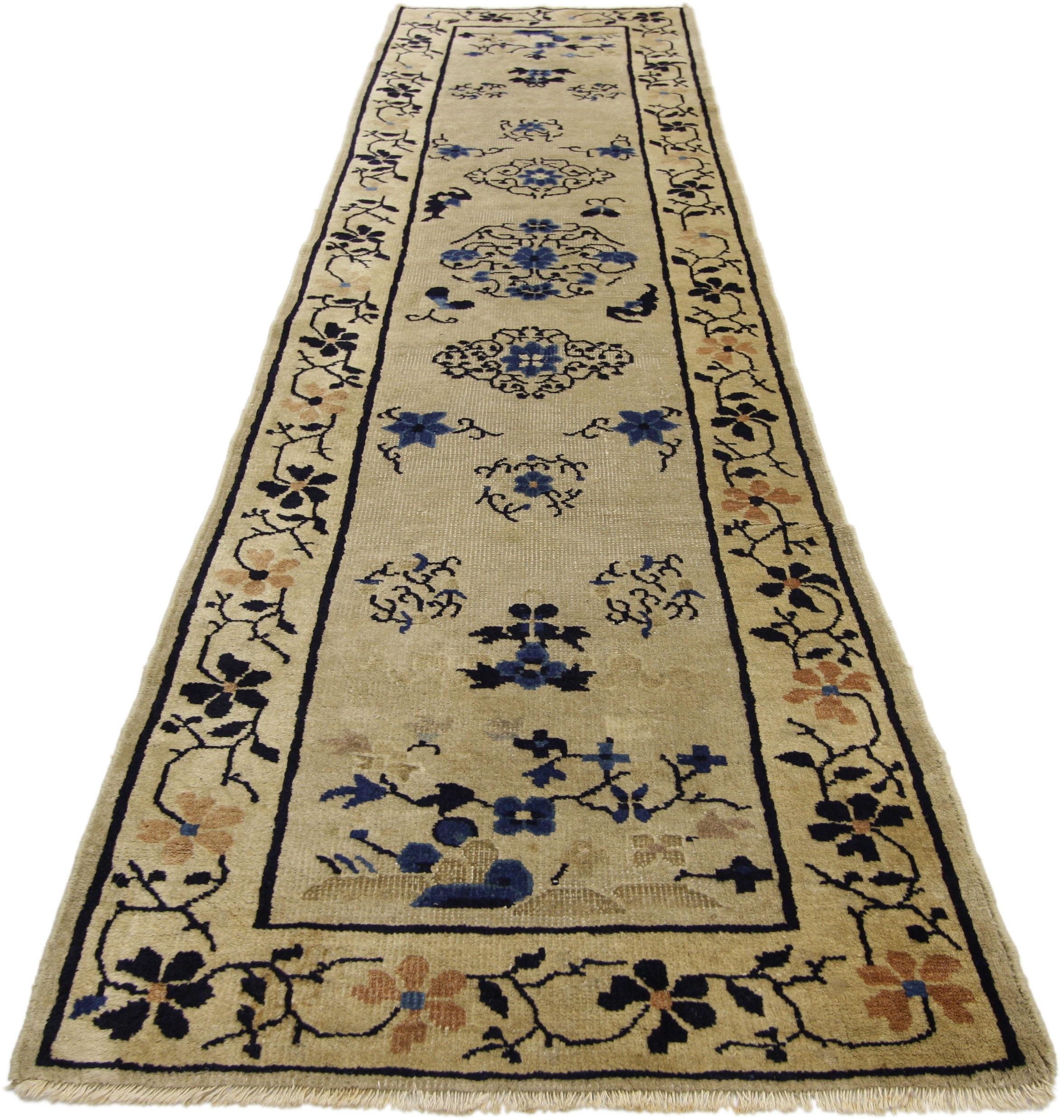 Hand-Knotted Antique Chinese Peking Runner with Chinoiserie Chic Style, Hallway Runner