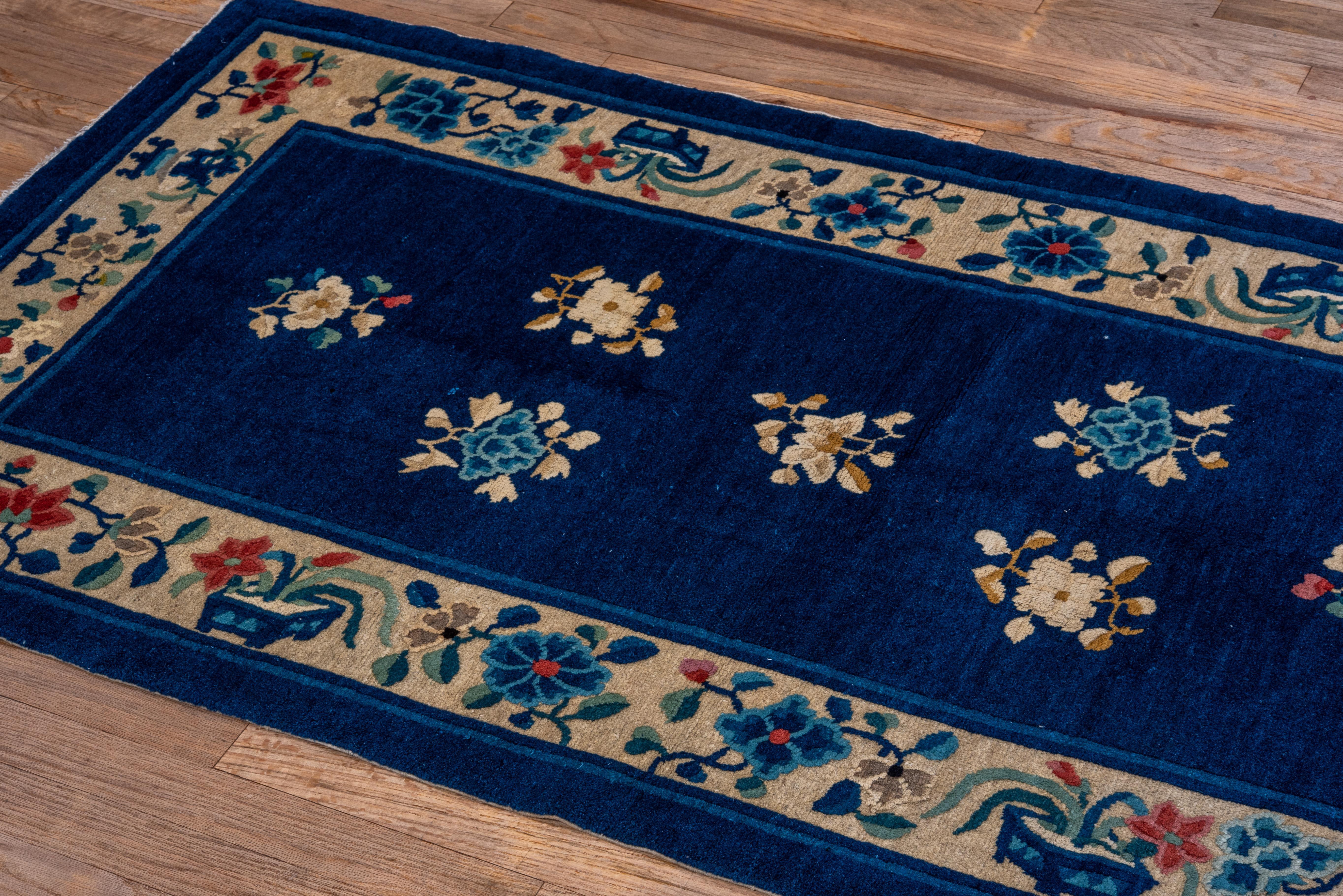 Hand-Knotted Antique Chinese Peking Scatter Rug, Blue Field, Beige Borders & Accents For Sale