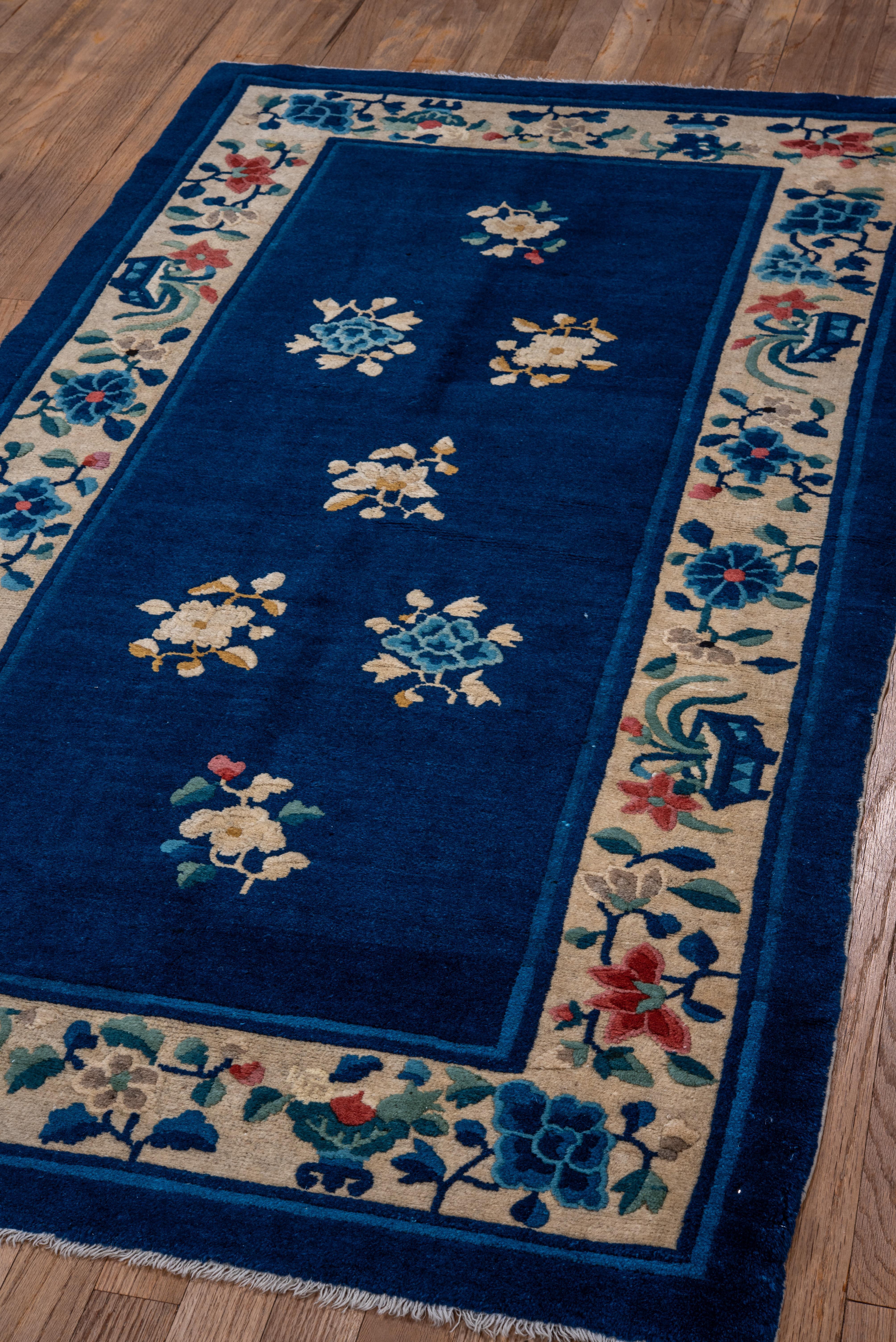 Antique Chinese Peking Scatter Rug, Blue Field, Beige Borders & Accents In Good Condition For Sale In New York, NY