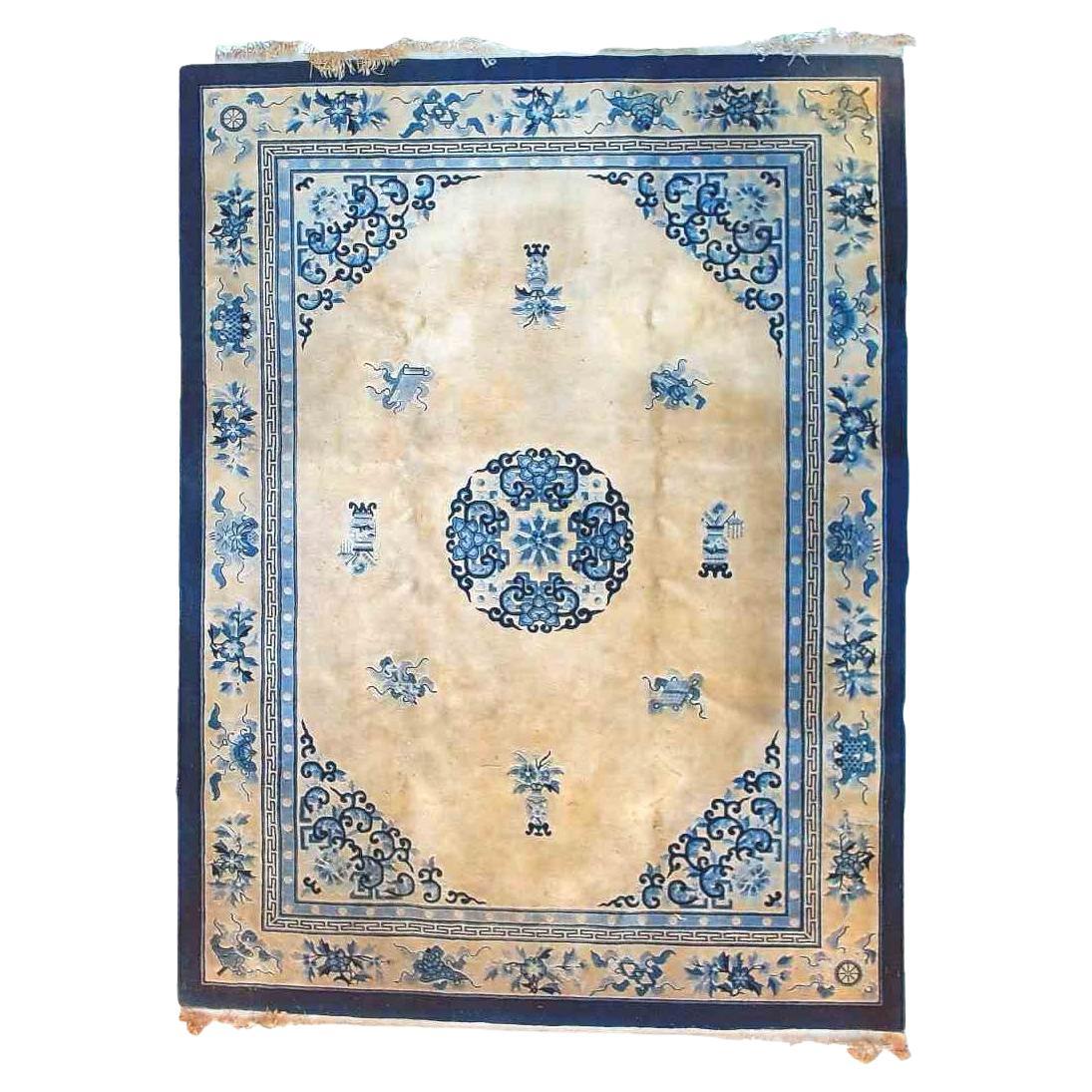 Antique Chinese Peking School Blue & White Oriental Wool Carpet C1930
