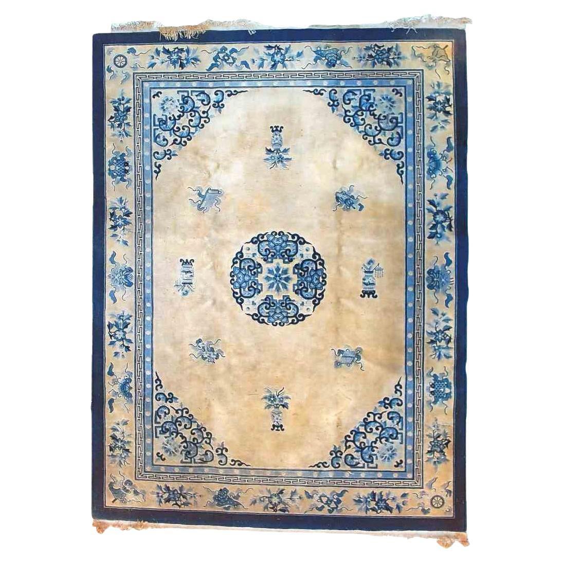 Antique Chinese Peking Style 12'x8' Blue & White Oriental Wool Carpet C1930