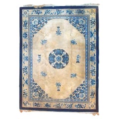 Antique Chinese Peking Style 12'x8' Blue & White Oriental Wool Carpet C1930