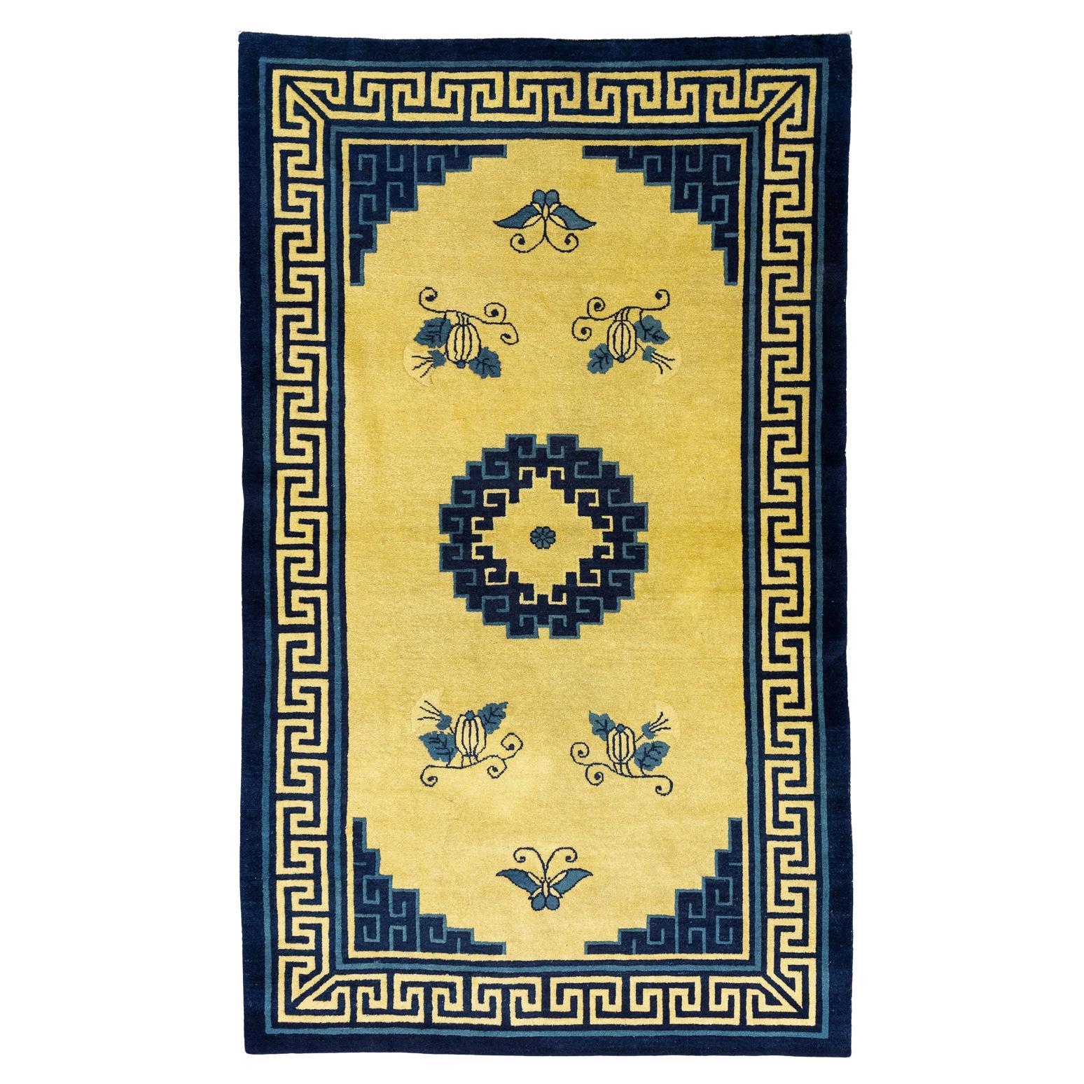 Antique Chinese Peking Yellow Field Rug For Sale