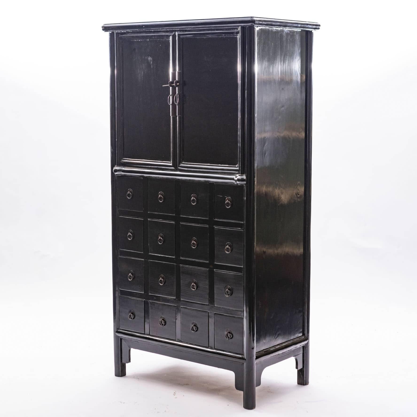 Qing Antique Chinese Pharmacy Cabinet, Black Lacquer, c 1860-1880