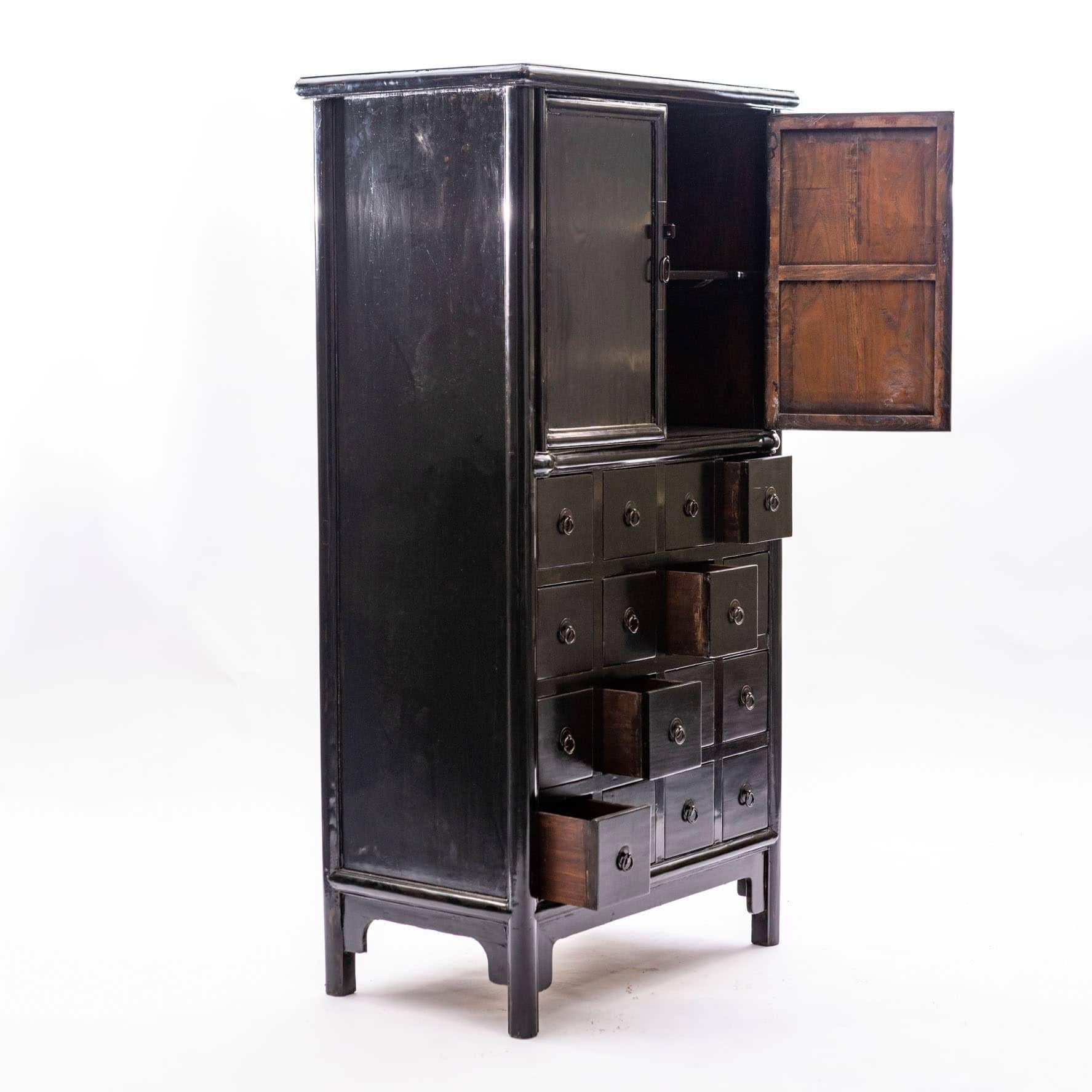 Lacquered Antique Chinese Pharmacy Cabinet, Black Lacquer, c 1860-1880