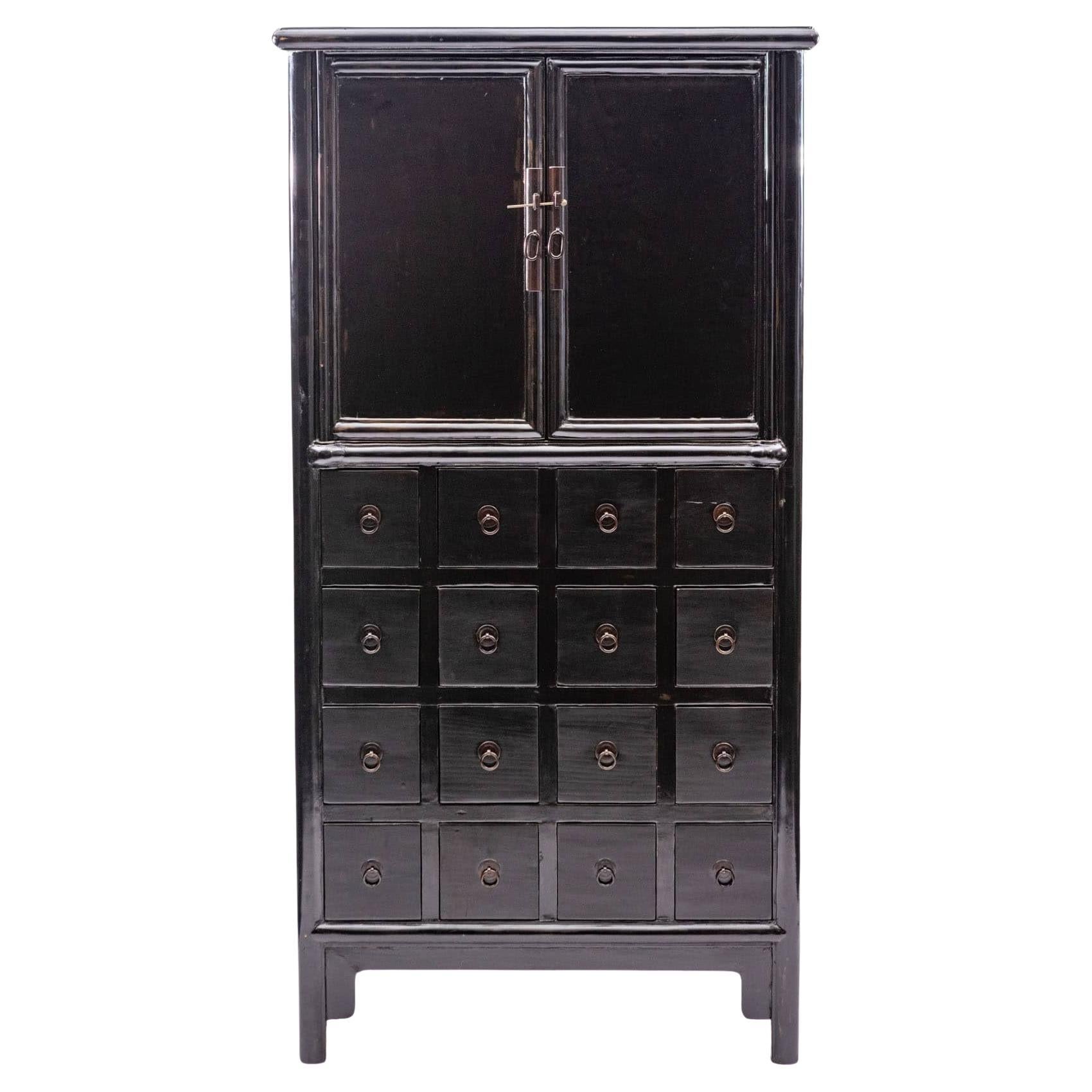 Antique Chinese Pharmacy Cabinet, Black Lacquer, c 1860-1880