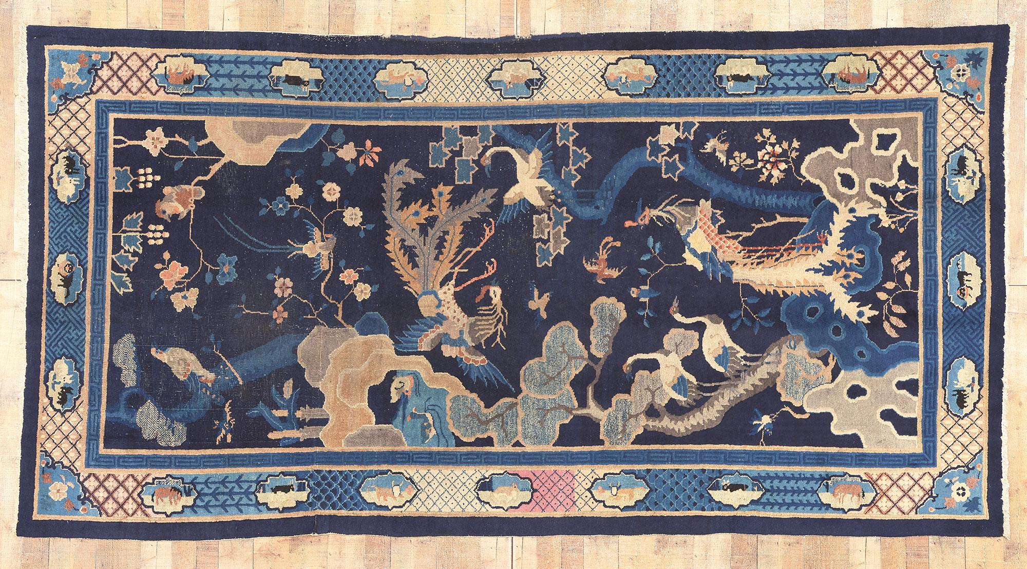 Wool Antique Chinese Pictorial Rug, Bai Niao Chao Feng, Birds Saluting the Phoenix For Sale