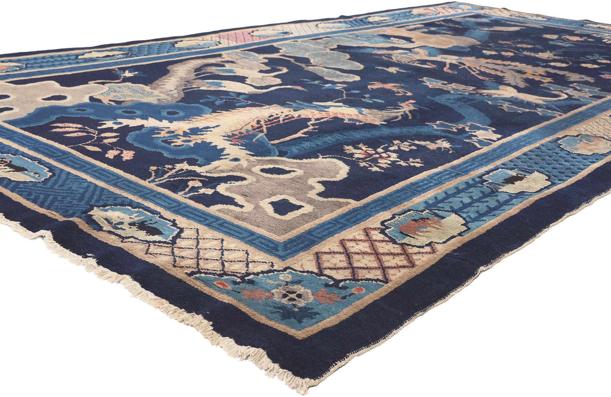 77215 Antique Chinese Pictorial Baotou Rug Bai Niao Chao Feng Rug, 06'00 x 11'06. 
This hand knotted wool antique Chinese Baotou rug features a pictorial landscape scene with a variety of birds and botanical motifs spread across an abrashed navy