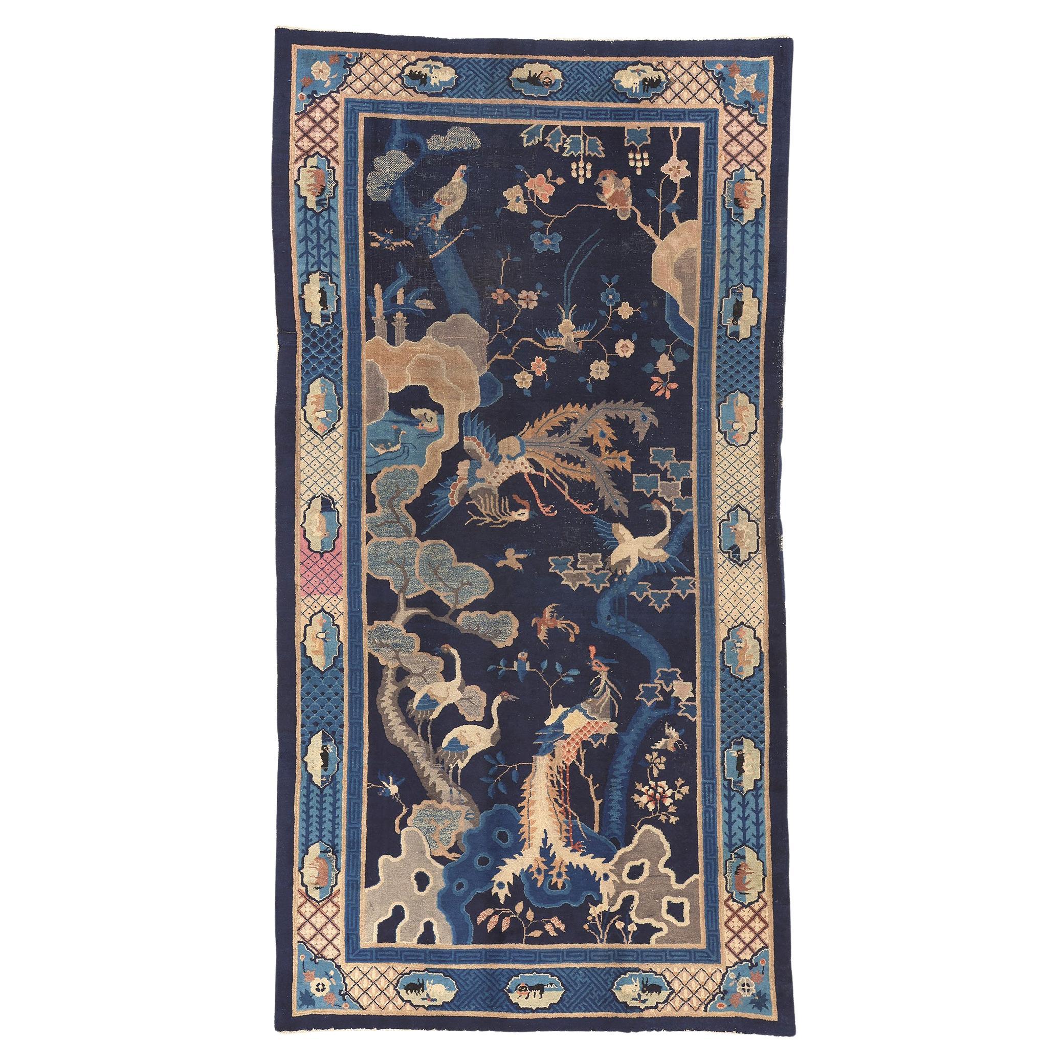 Antique Chinese Pictorial Rug, Bai Niao Chao Feng, Birds Saluting the Phoenix