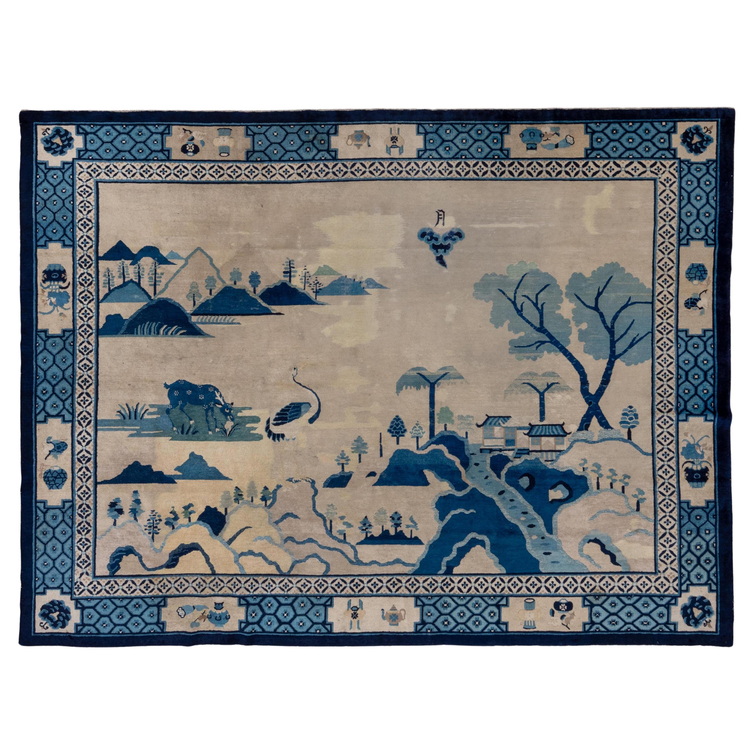 Antique Chinese Pictorial Rug, Landscape Orientation, Blue and Ivory Tones For Sale