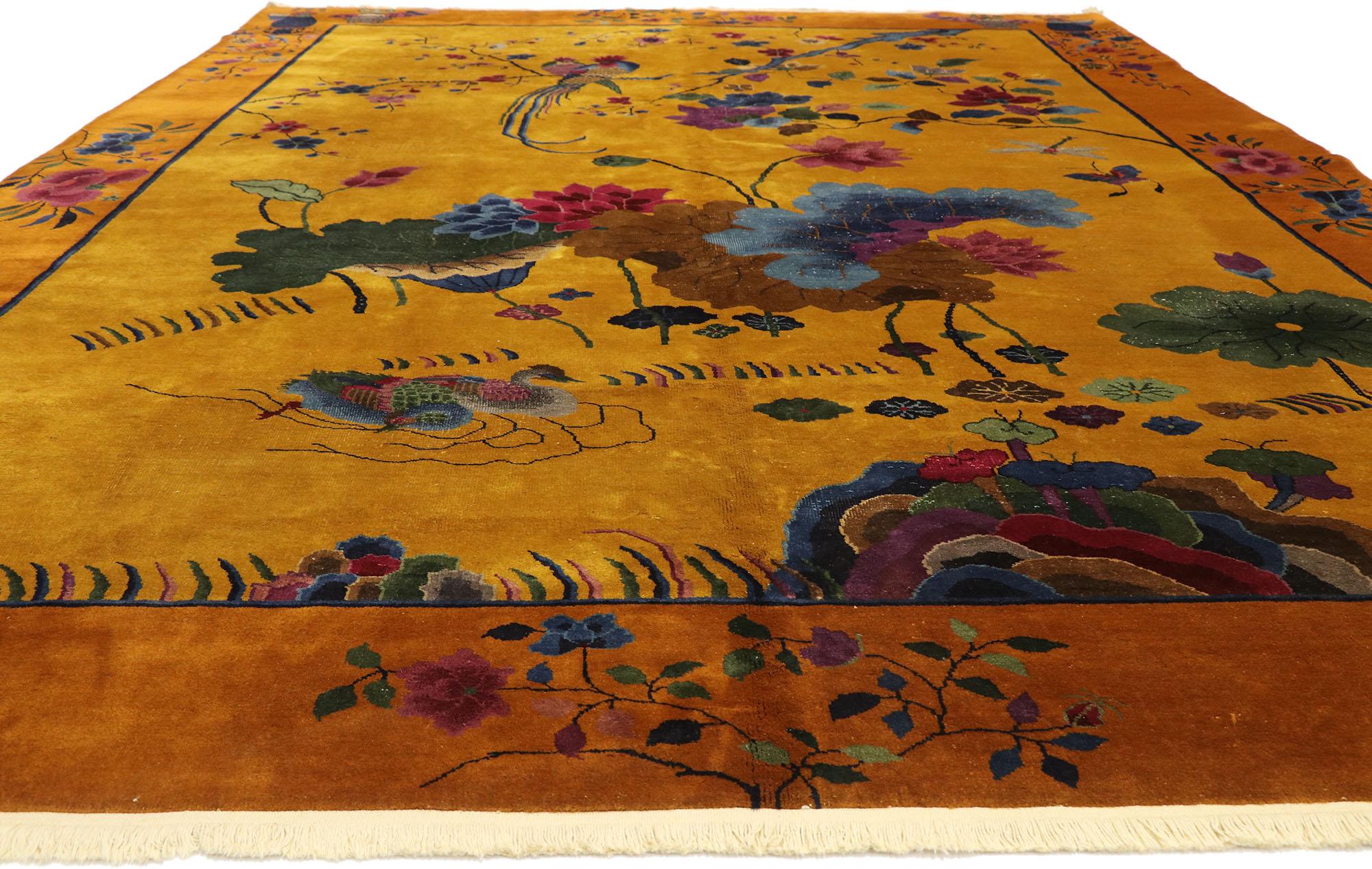 Hand-Knotted Antique Chinese Pictorial Rug with Art Deco Style