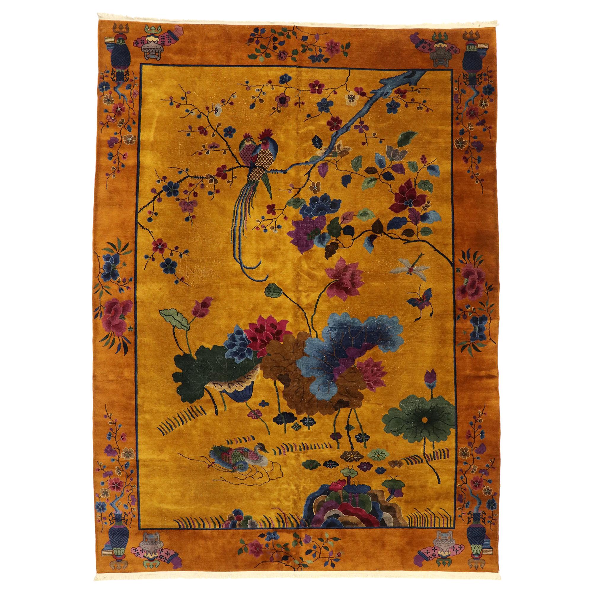 Antique Chinese Pictorial Rug with Art Deco Style
