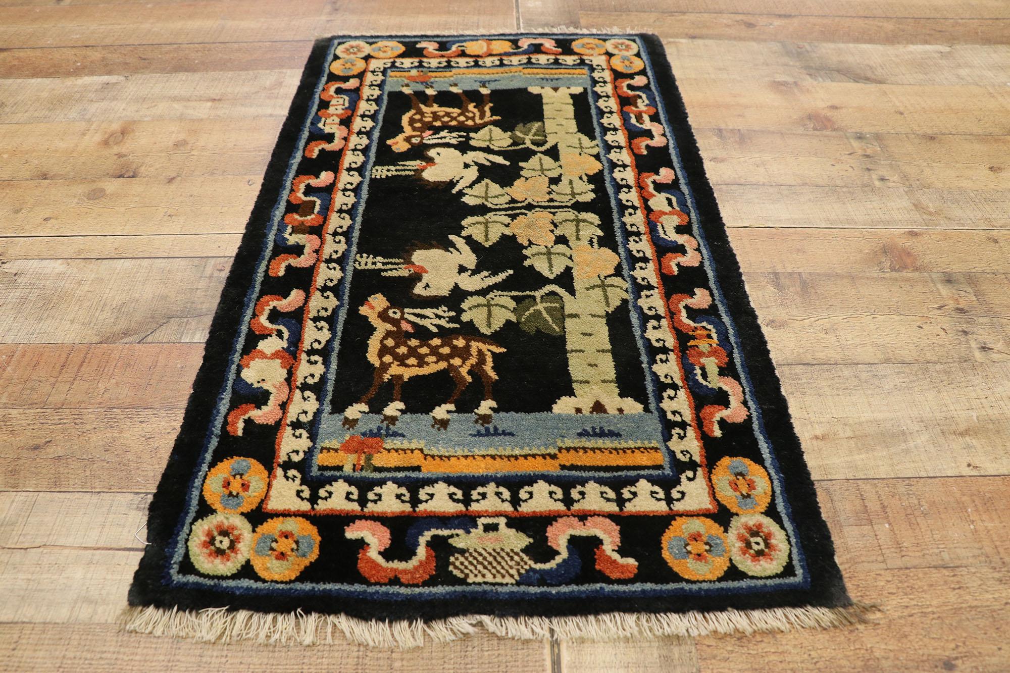Hand-Knotted Antique Chinese Pictorial Rug with Deer and Crane, Small Accent Rug