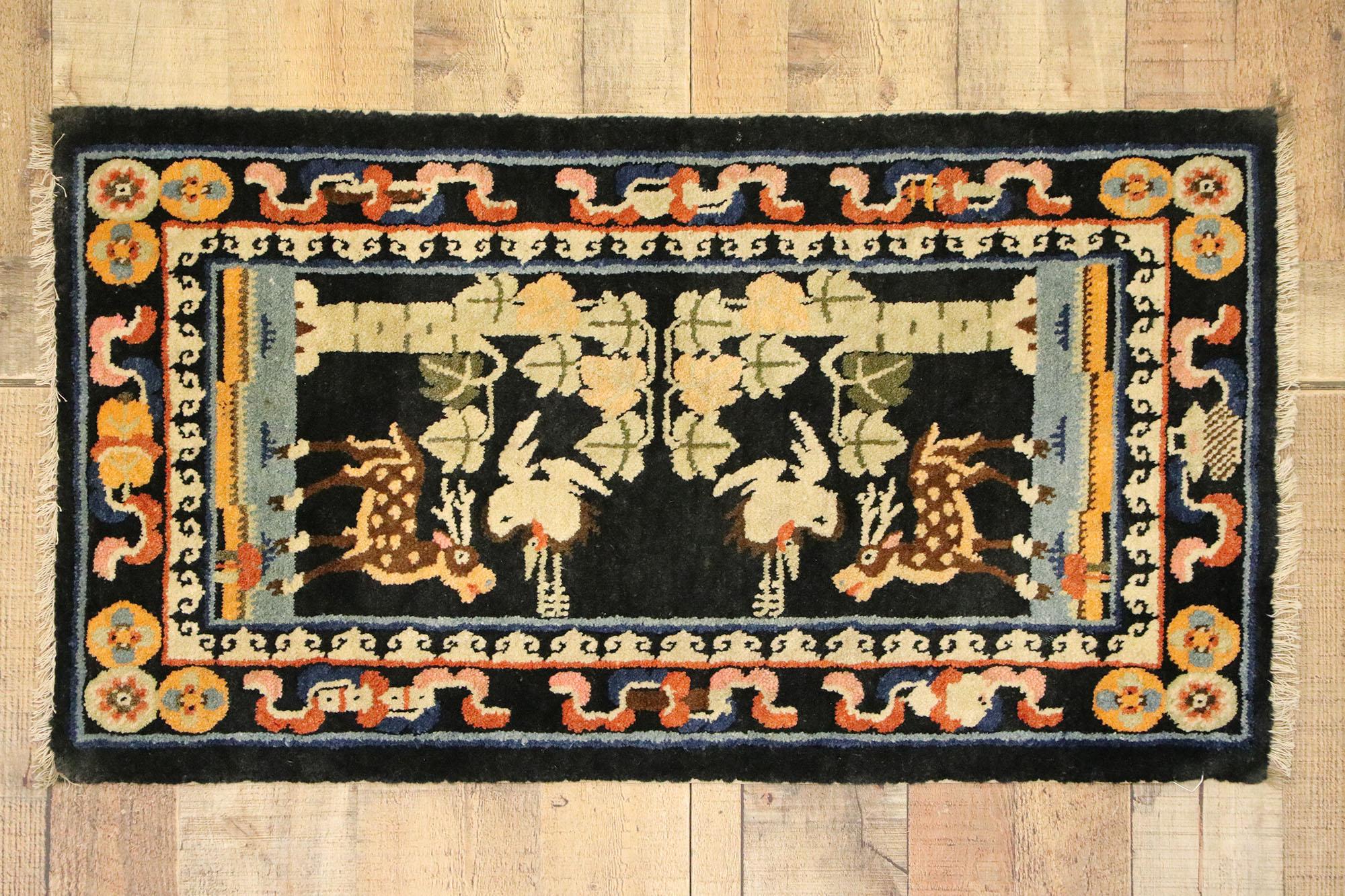 Antique Chinese Pictorial Rug with Deer and Crane, Small Accent Rug In Distressed Condition In Dallas, TX