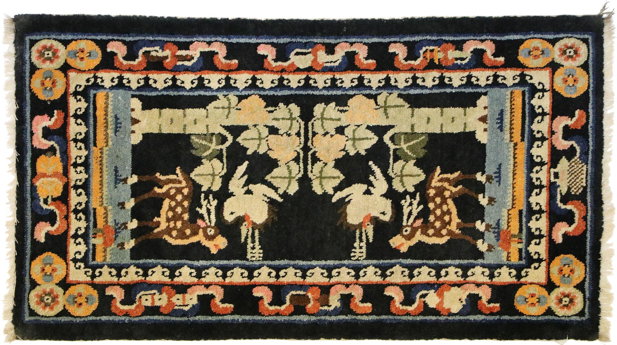 20th Century Antique Chinese Pictorial Rug with Deer and Crane, Small Accent Rug