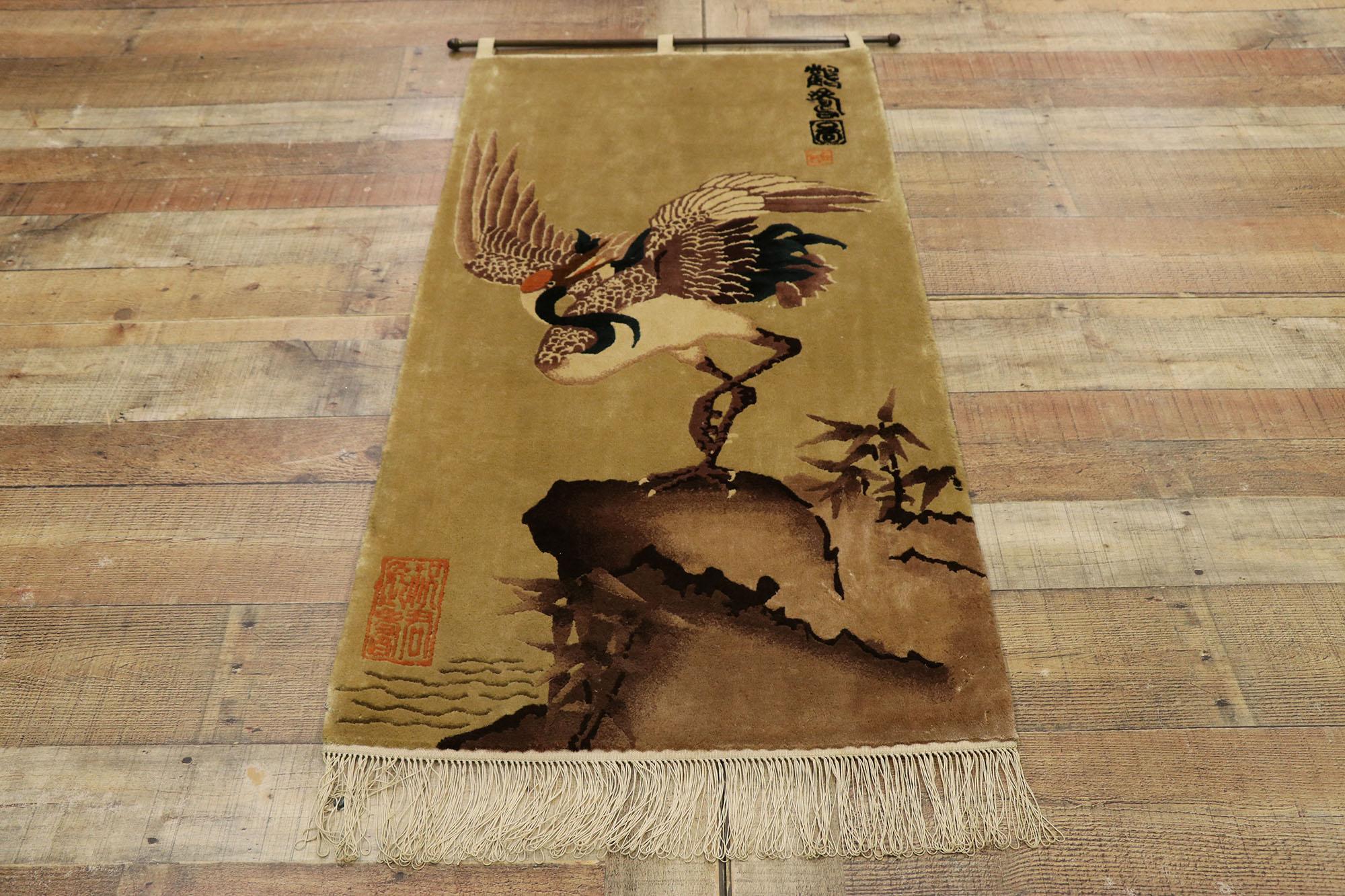 Wool Antique Chinese Pictorial Tapestry with Traditional Crane Design For Sale