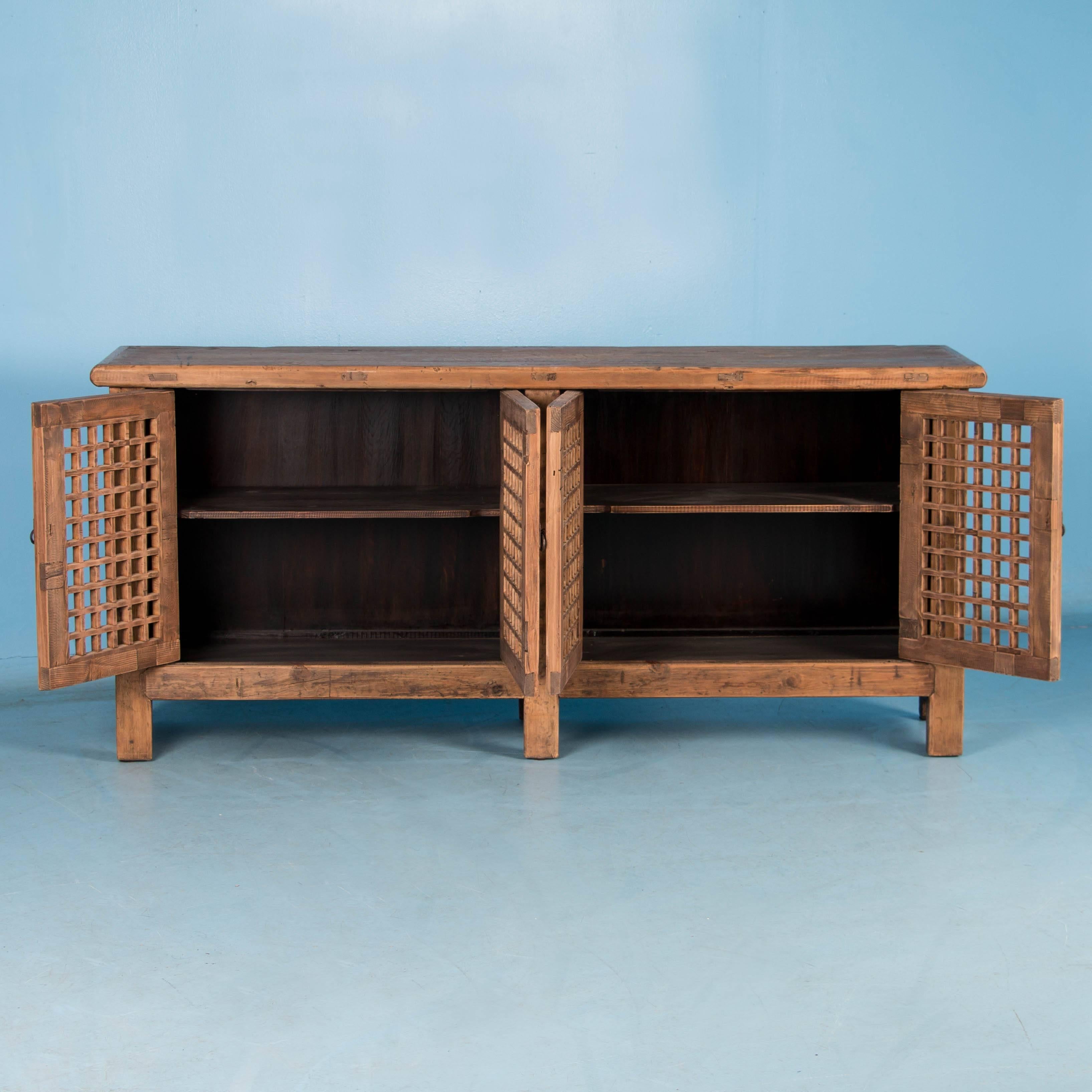 Antique Chinese Pine Sideboard with Lattice Work Doors In Good Condition In Round Top, TX