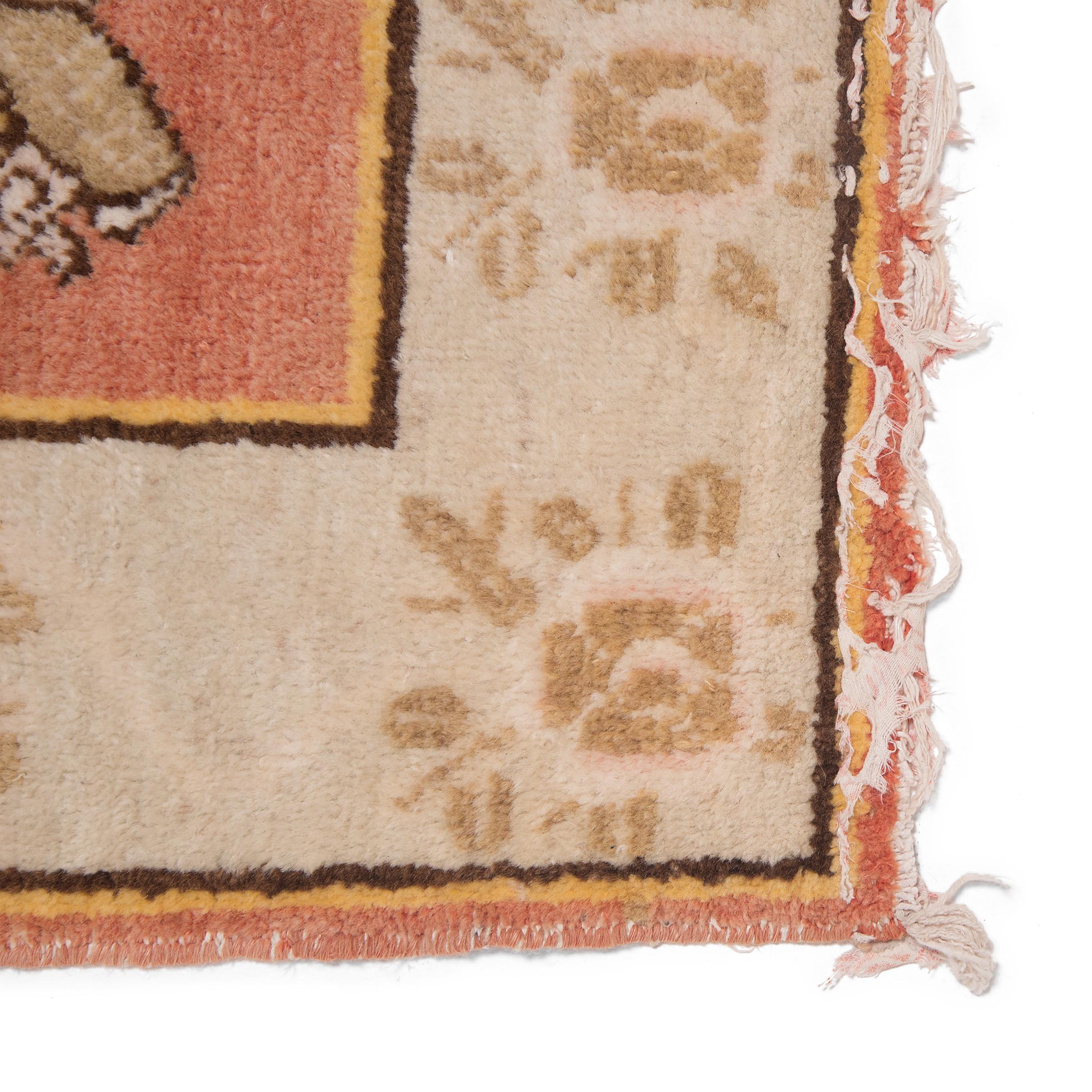 Hand-Knotted Antique Chinese Pink Peony Carpet For Sale