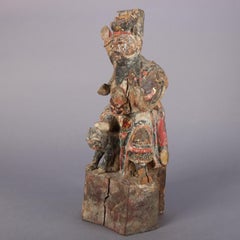 Antique Chinese Polychrome Carved Wood Warrior Portrait Sculpture, 18th Century