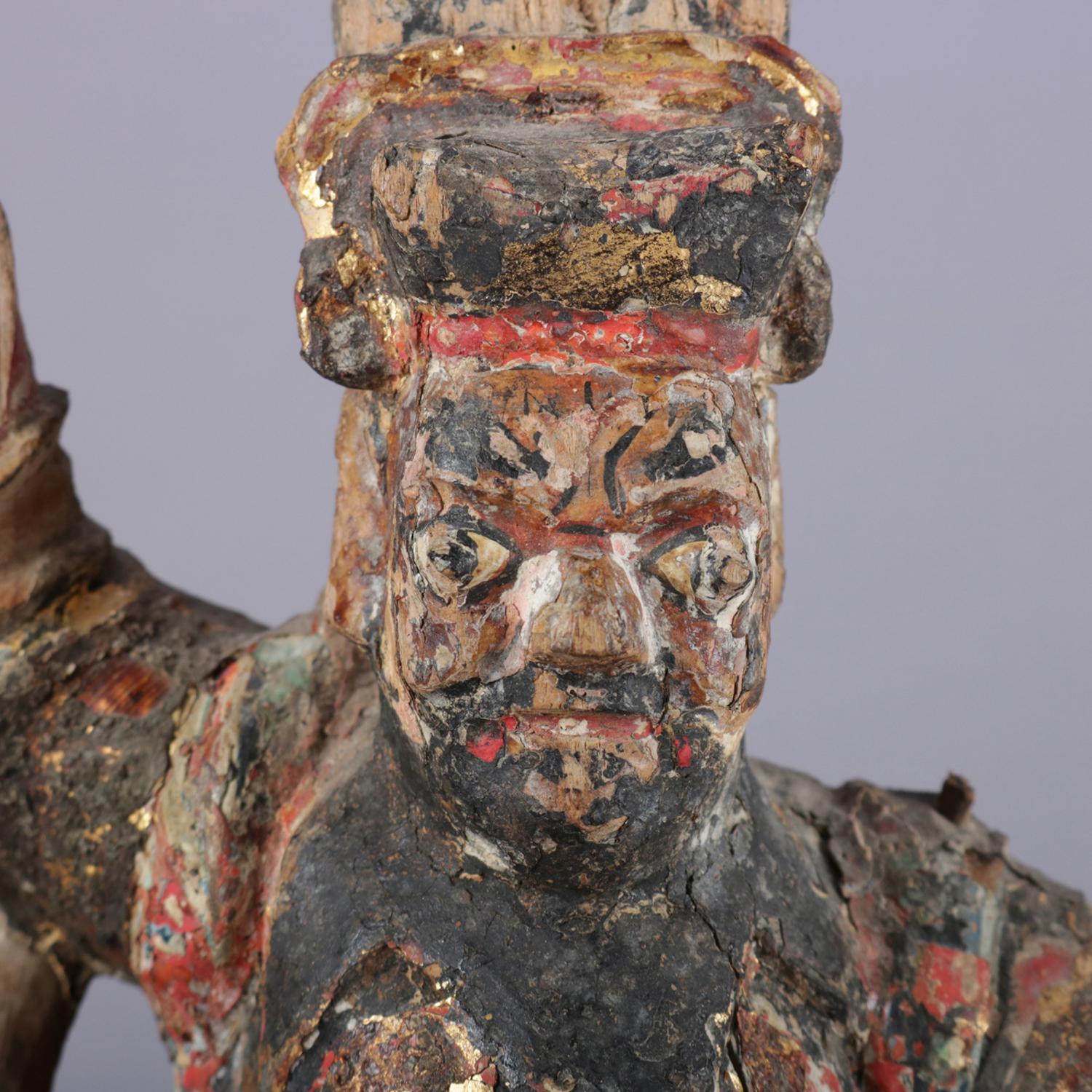 Antique Chinese Polychrome Carved Wood Warrior Portrait Sculpture, 18th Century In Good Condition In Big Flats, NY