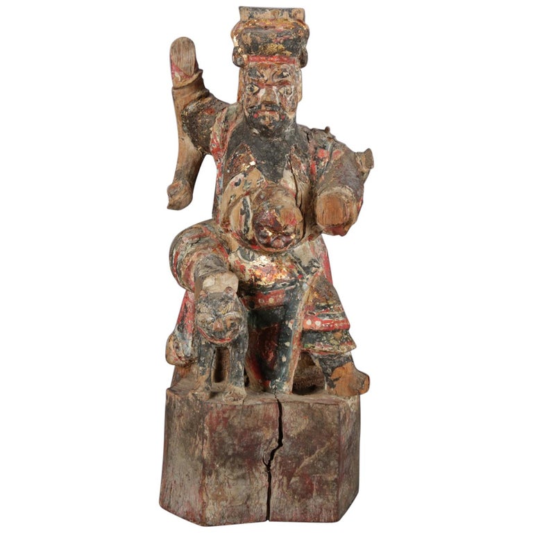 Antique Chinese Polychrome Carved Wood Warrior Portrait Sculpture, 18th