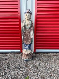 Antique Chinese Polychrome Decorated & Carved Wood Buddha