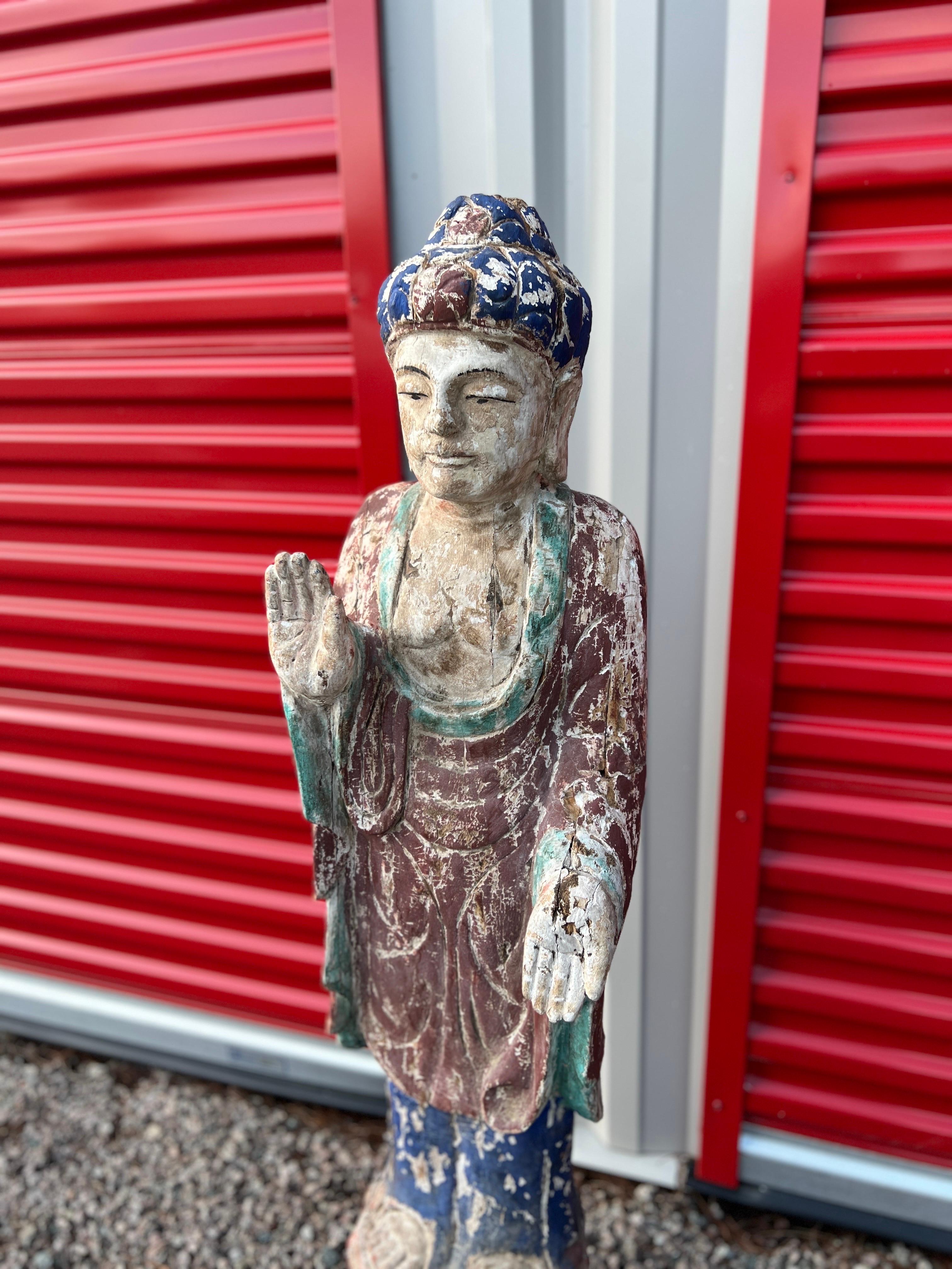 Antique Chinese Polychrome Decorated & Carved Wood Buddha  In Good Condition For Sale In Atlanta, GA